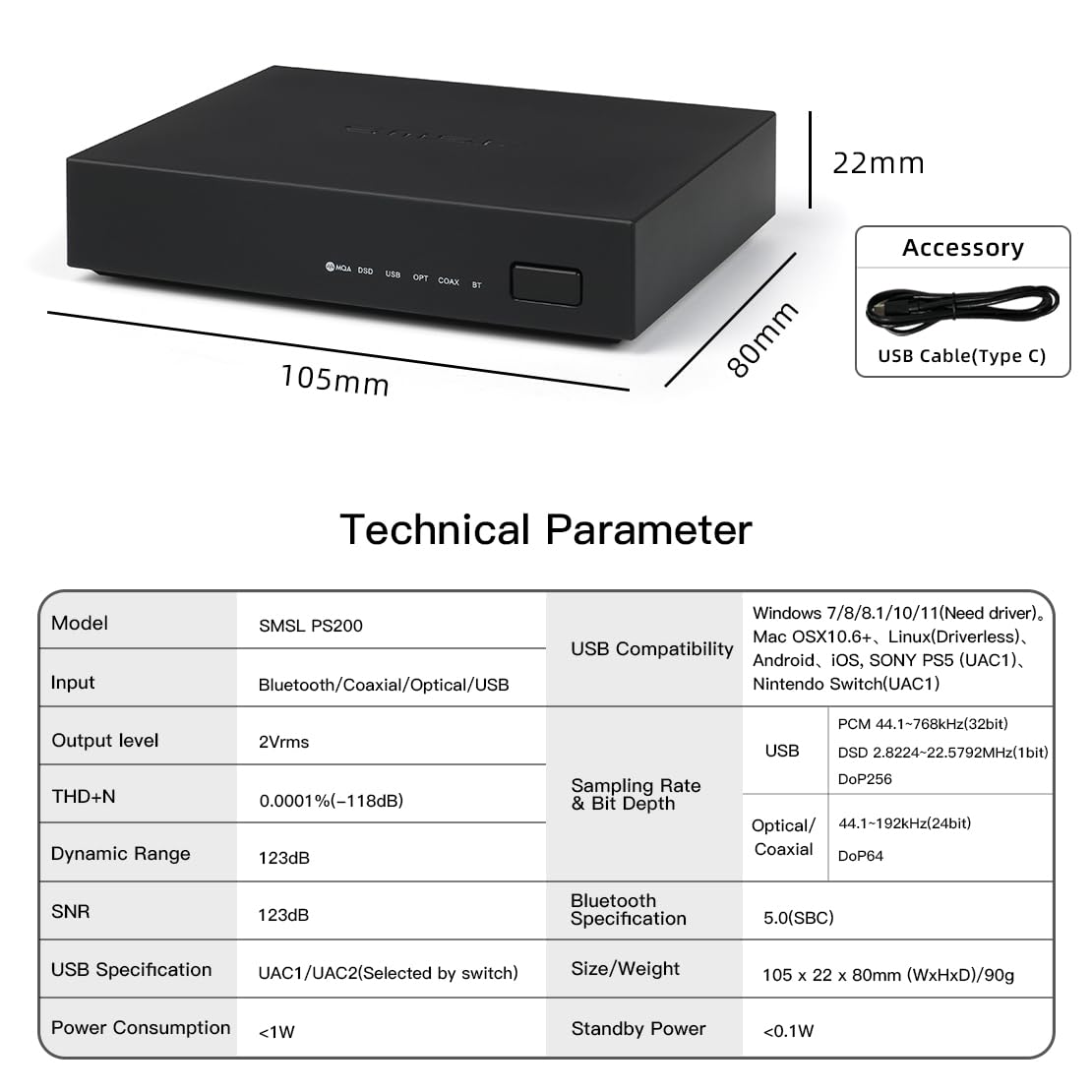 SMSL PS200 ES9039Q2M XU316 USB DAC Converter - 32Bit/768kHz DSD512 MQA/MQA-CD Digital to Analog Audio Adapter with USB/Optical/Coaxial to RCA Output for PC, Phone, PS5, Nintendo Switch & Home Theater System - Perfect for Gaming, Music Streaming & Hi-Fi Audio Setup