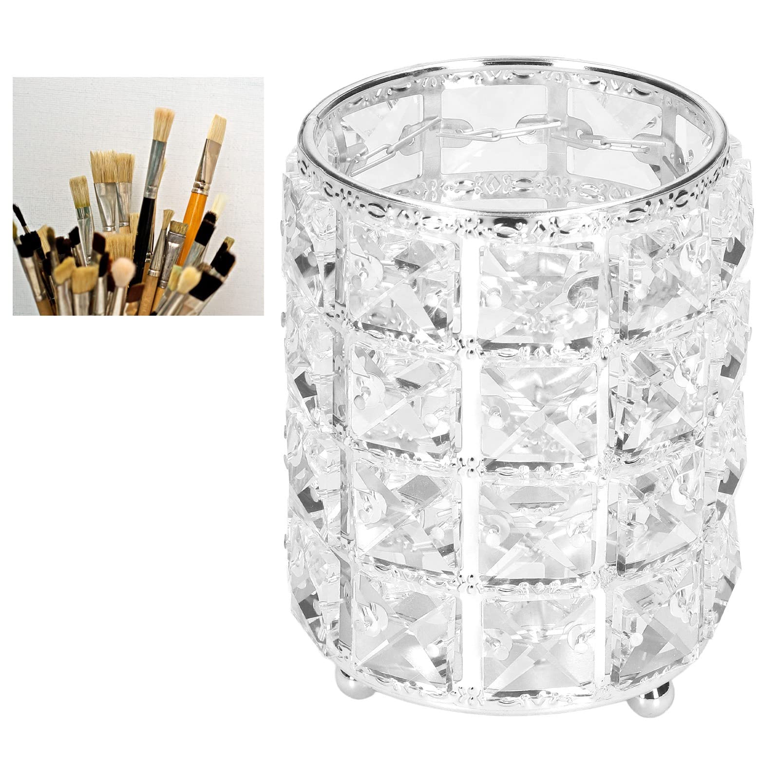 European Style Rounded Crystal Glass Cosmetic Organizer - Acrylic Makeup Brush Holder & Clear Pen Pencil Case for Bathroom, Home, Bedroom, Office (Silver) | Perfect for Makeup Storage, Desk Organization and Travel Beauty Essentials