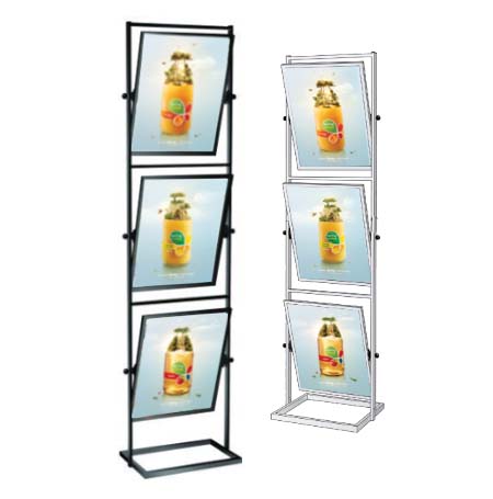 3 Tier Tilted Sign Holder Floor Stand for 22x28 Posters - Double Sided Adjustable Swivel Display for Retail, Restaurants & Events | Black/Silver Metal Frame Holds 3-6 Posters | Perfect for Store Promotions, Menu Boards & Trade Shows