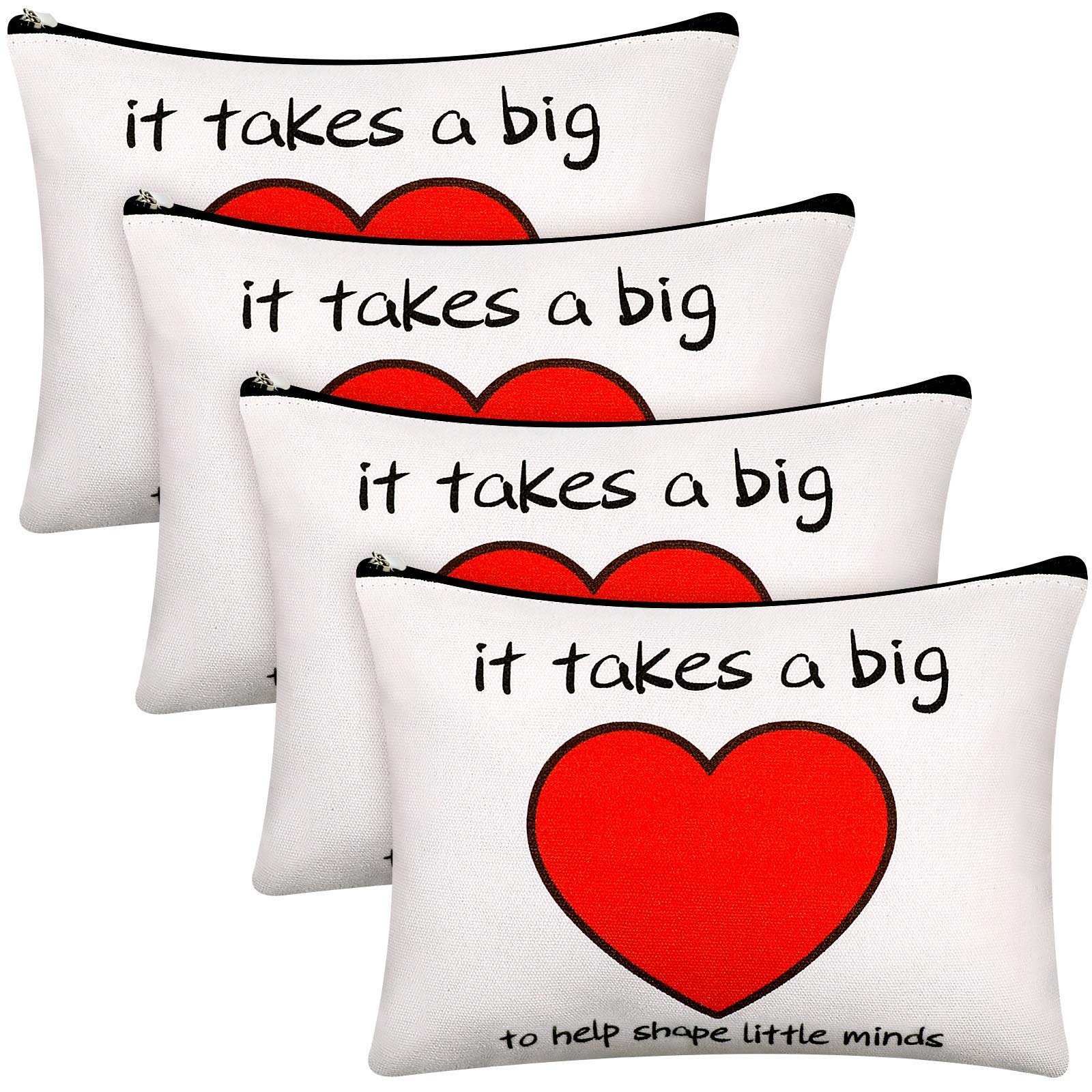 4pc Teacher Makeup Bags - Heart Cotton Pouch for Women, Graduation & Christmas Gifts