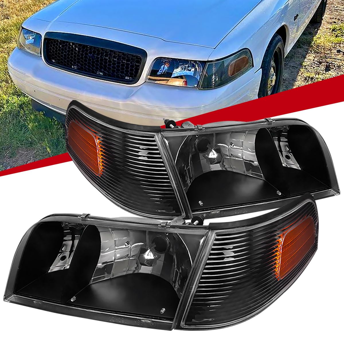 98-11 Ford Crown Victoria Black Headlights with Corner Turn Signal Lamps - Left & Right Pair - Upgrade Your Ride for Night Driving & Enhanced Visibility
