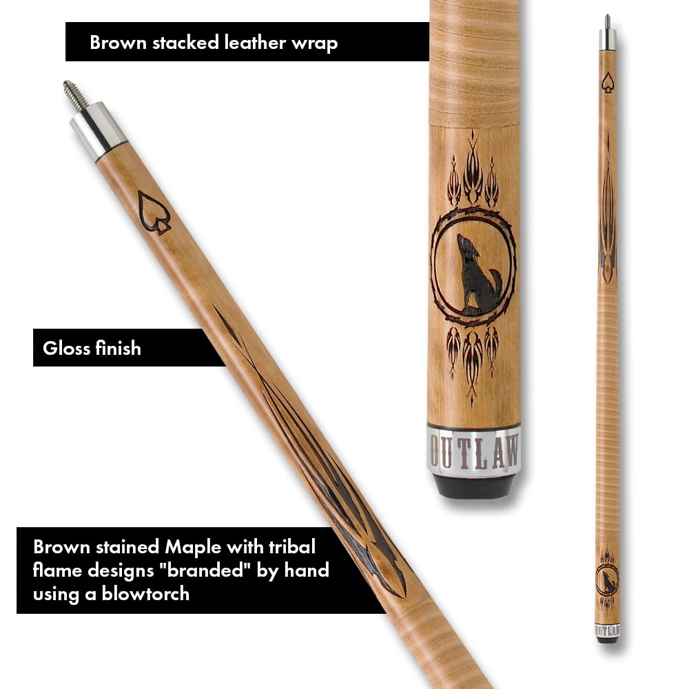 Premium OUTLAW OL13 Maple Pool Cue - Handcrafted Brown Stain with Wolf & Dreamcatcher Design for Professional Billiards Players & Home Game Rooms