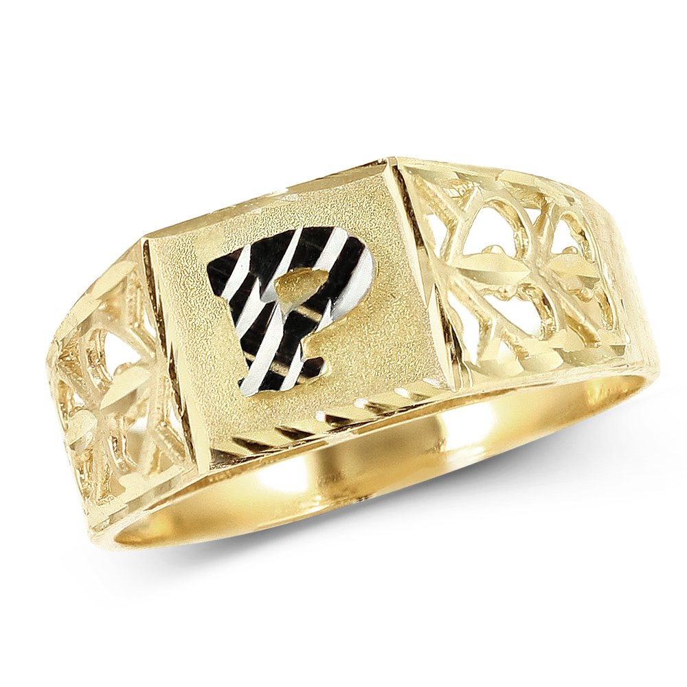 10K Yellow Gold Diamond Cut Alphabet Initial Ring for Women - Personalized Block Letter P - Perfect for Gifts, Birthdays, Anniversaries & Everyday Elegance