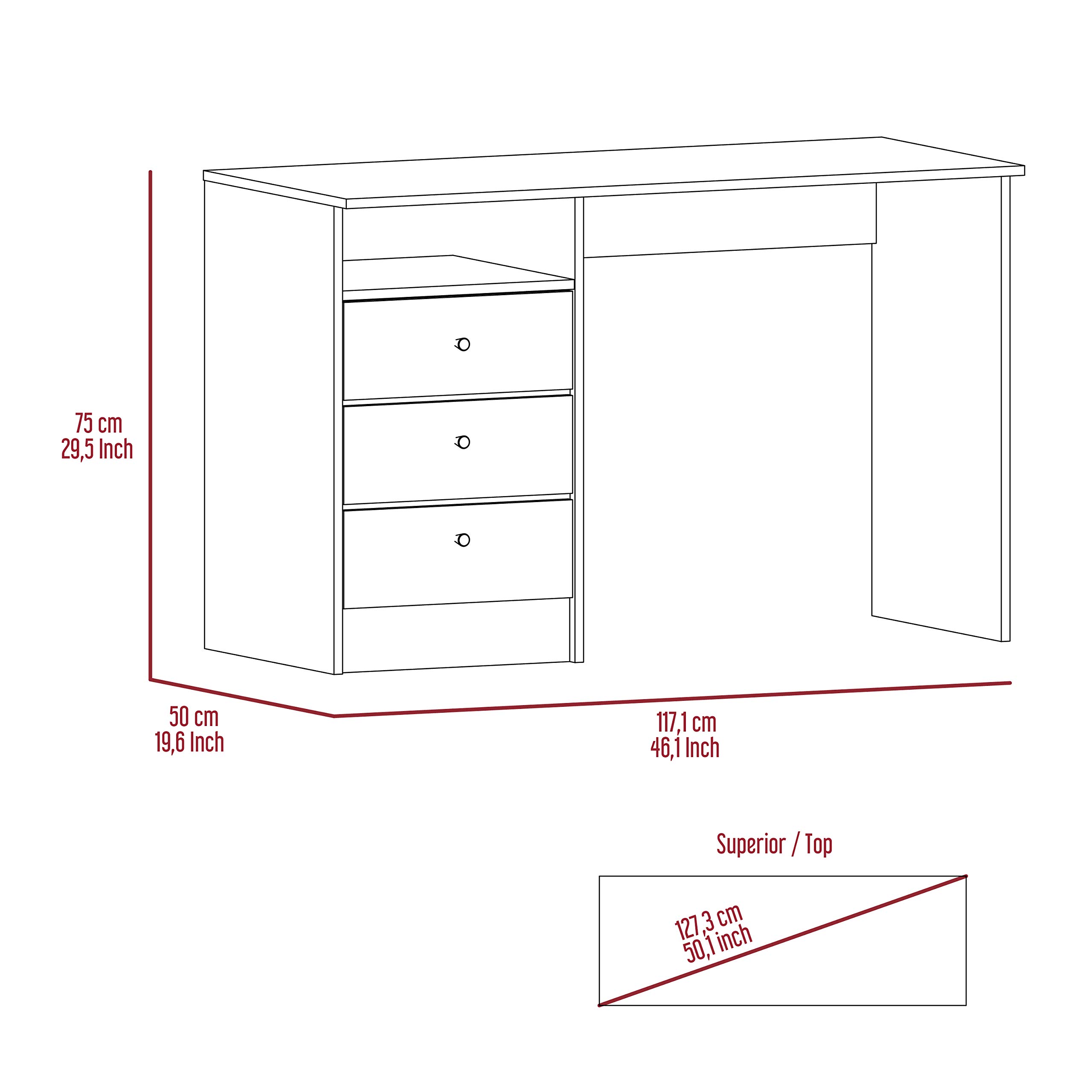 Tuhome Modern Engineered Wood Ash Andalucia 3-Drawer Computer Desk - Home Office Workstation for Study, Writing & Gaming