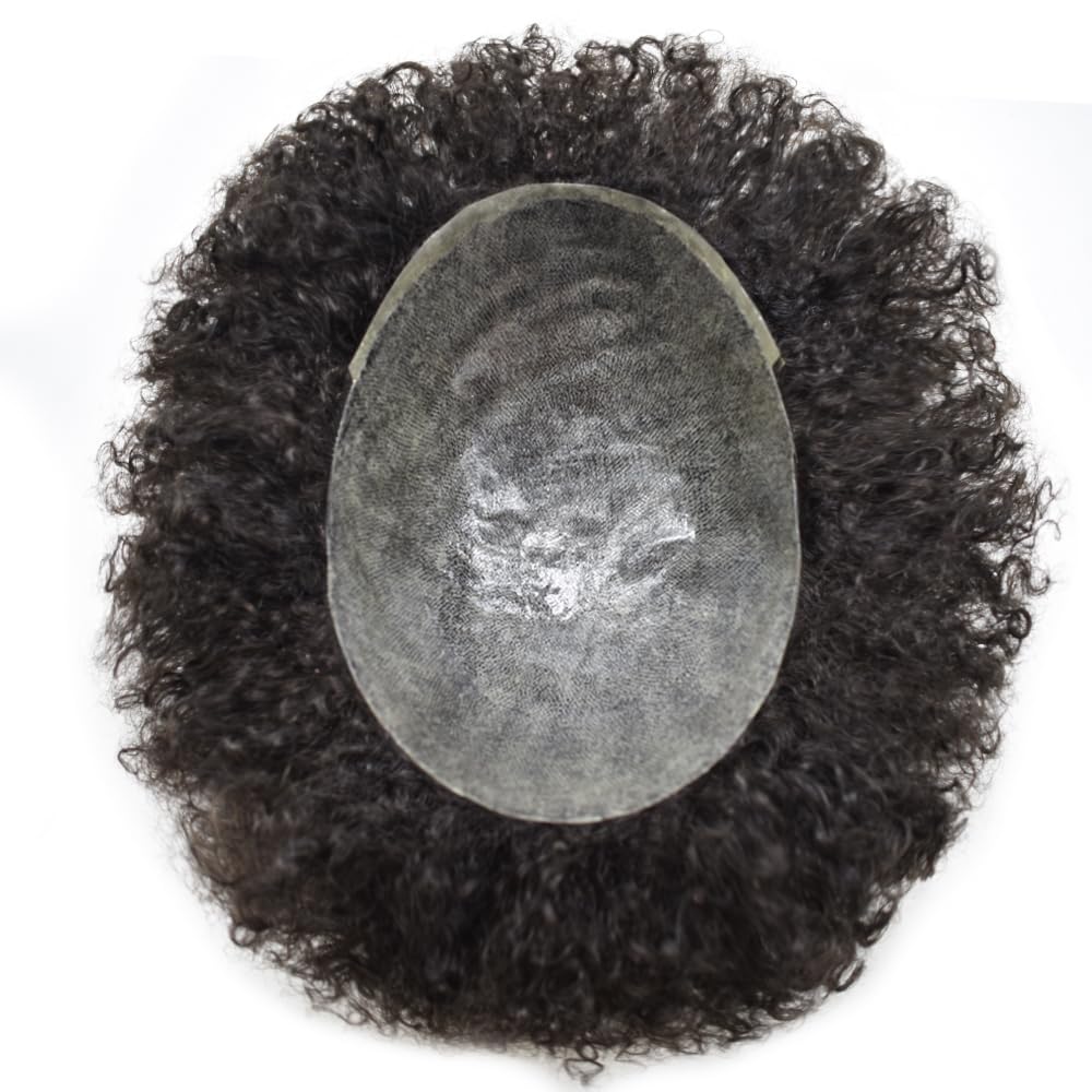 6mm Afro Wavy Human Hair Toupee for Black Men - Full Poly Thin Skin PU Injection Replacement System - African American Kinky Curly Hair Unit (Jet Black #1) - Perfect for Daily Wear, Special Occasions & Hair Loss Solutions