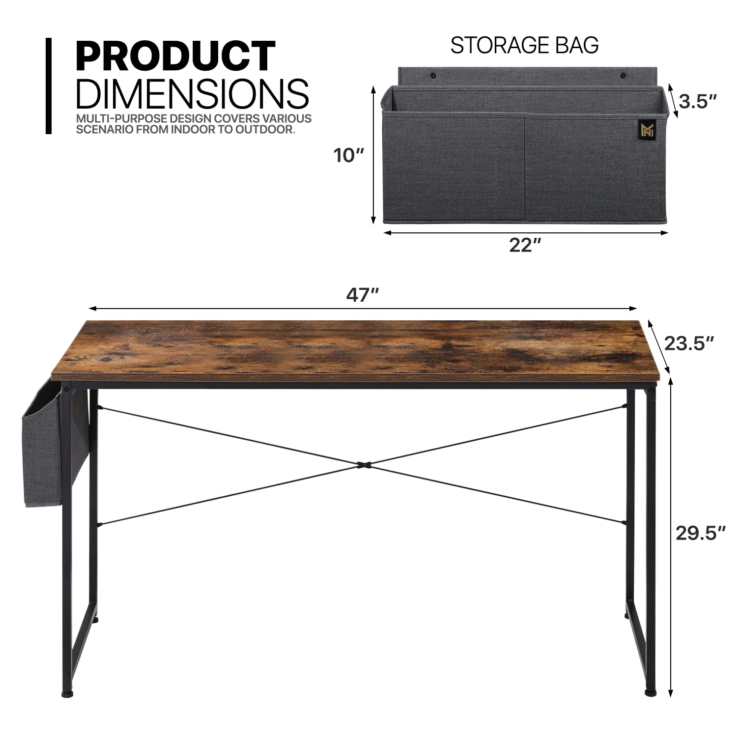 MoNiBloom 47 Inch Home Office Gaming Desk with Storage Bag - Rustic Brown Computer Study Table for Work, Gaming & Online Learning | Perfect for Small Spaces & Dorm Rooms