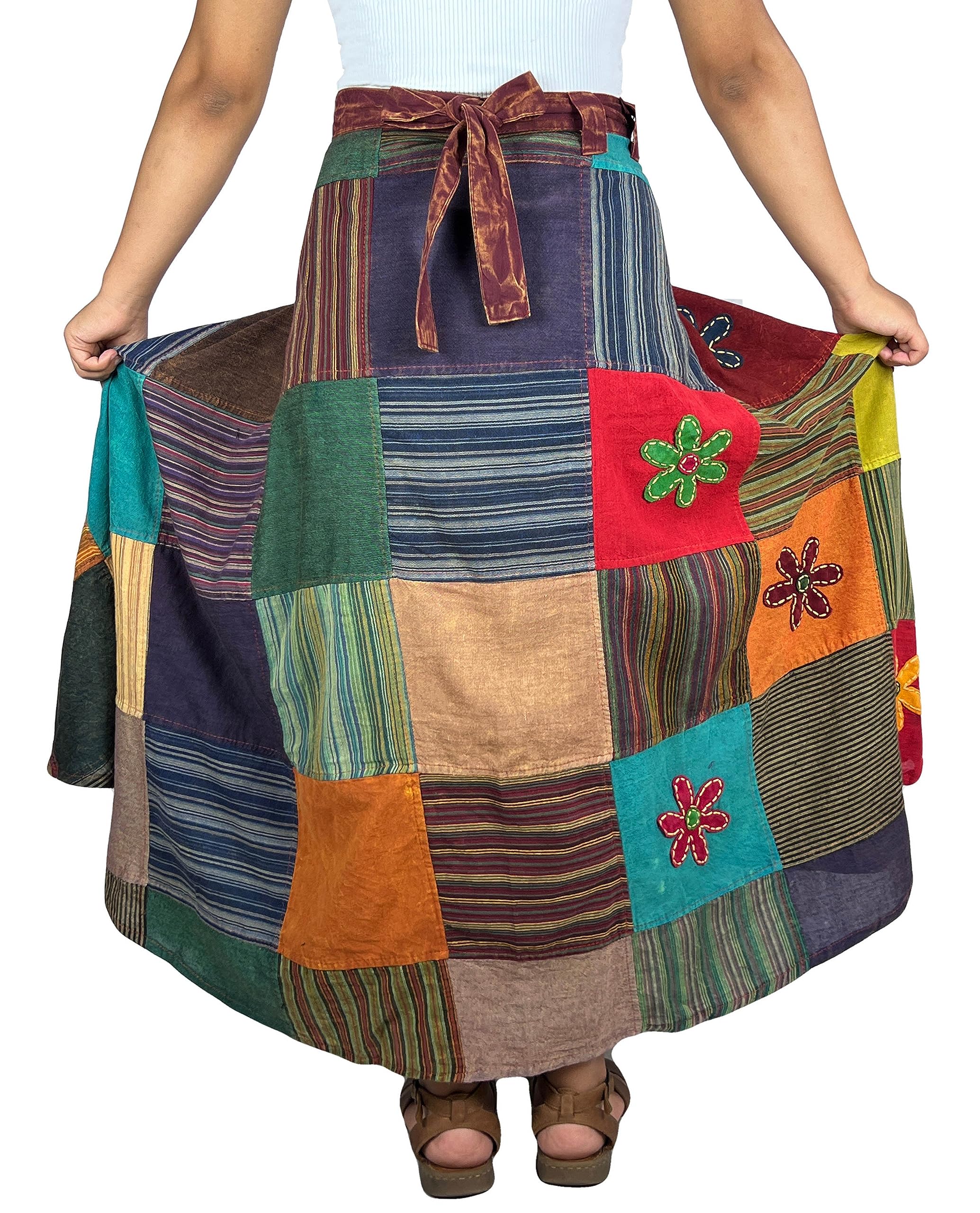 Agan Traders Women's 2025 Spring & Fall Boho Maxi Skirt - High Waisted Long Bohemian Wrap Skirt with Patchwork & Tie Up Detail | Perfect for Beach, Festival, and Casual Wear