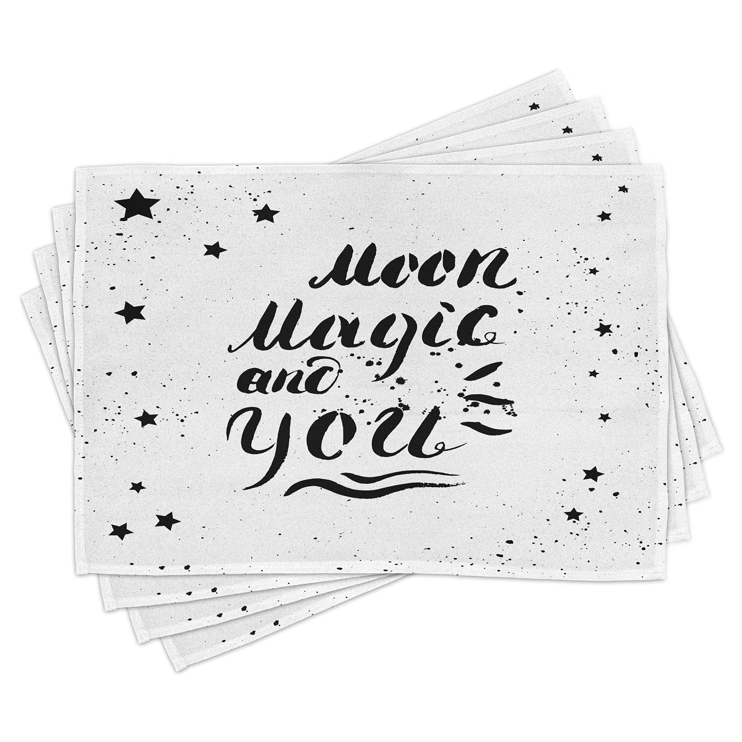 Ambesonne Romantic Place Mats Set of 4 - Moon Magic Calligraphy with Stars, Washable Fabric Placemats for Dining Table Decor in Black & White | Perfect for Valentine's Dinner, Anniversary Celebrations & Cozy Kitchen Decor