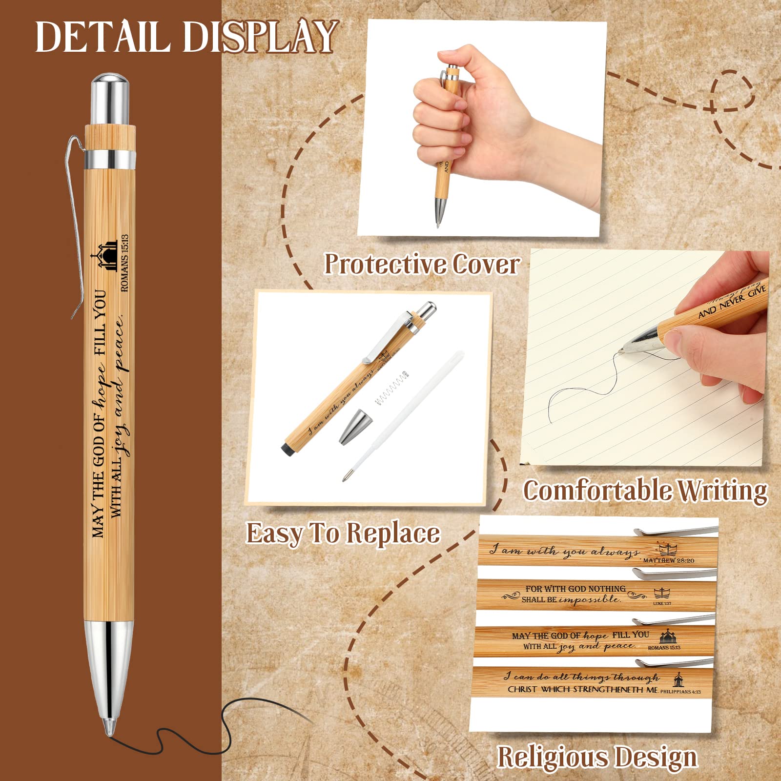 30 Pcs Bible Verse Bamboo Pens - Inspirational Christian Wooden Retractable Ballpoint Pens with Motivational Quotes - Bulk Office School Supplies for Women & Men - Perfect for Employee Gifts, Church Events & Daily Writing