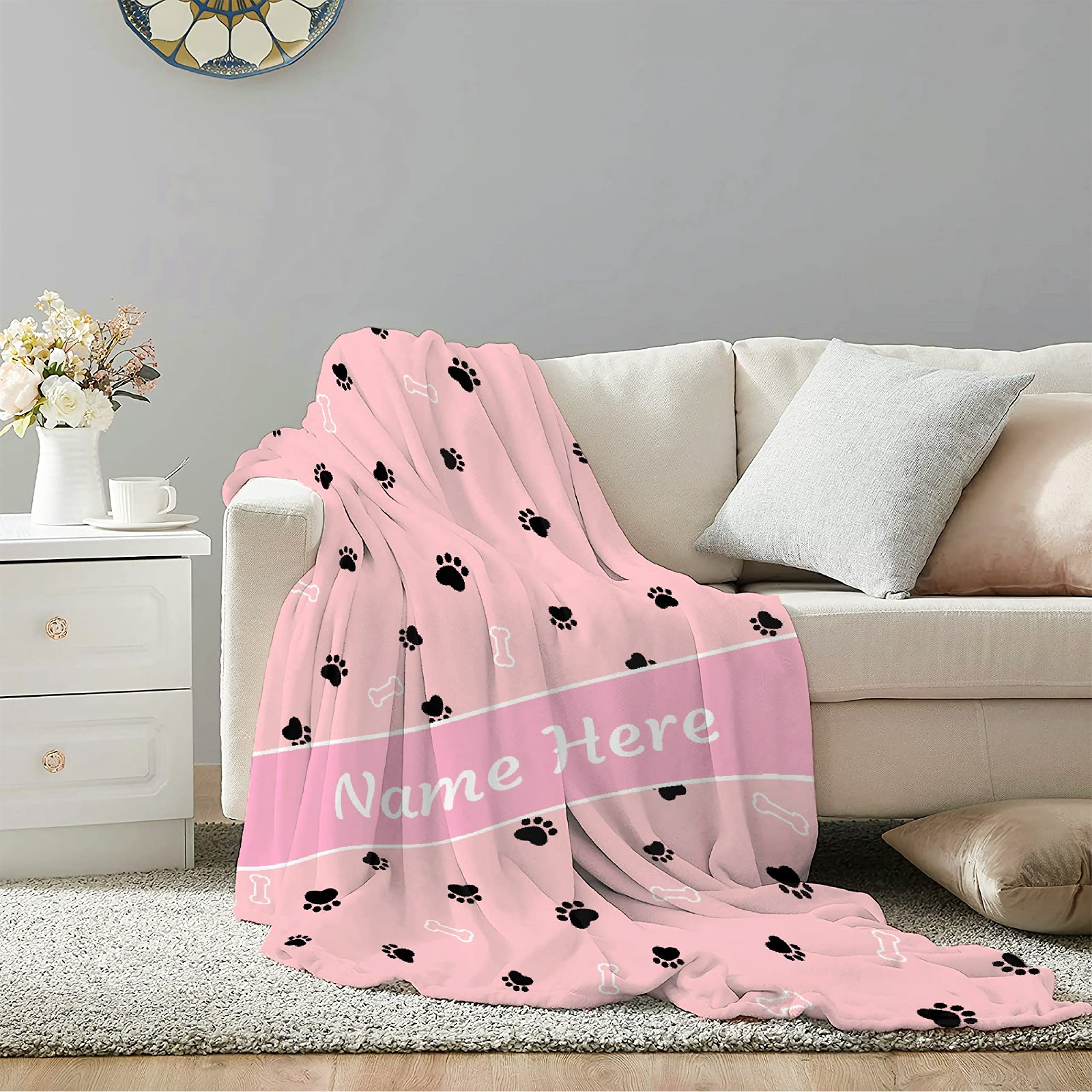 Custom Pet Name Blanket - Personalized Dog Blanket with Paw Prints | Soft Flannel Throw for Dogs & Pet Lovers | Extra Large 120''x90'' | Perfect Gift for Dog Moms & Dads | Great for Bed, Sofa & Travel | Pink Dog Paw Design