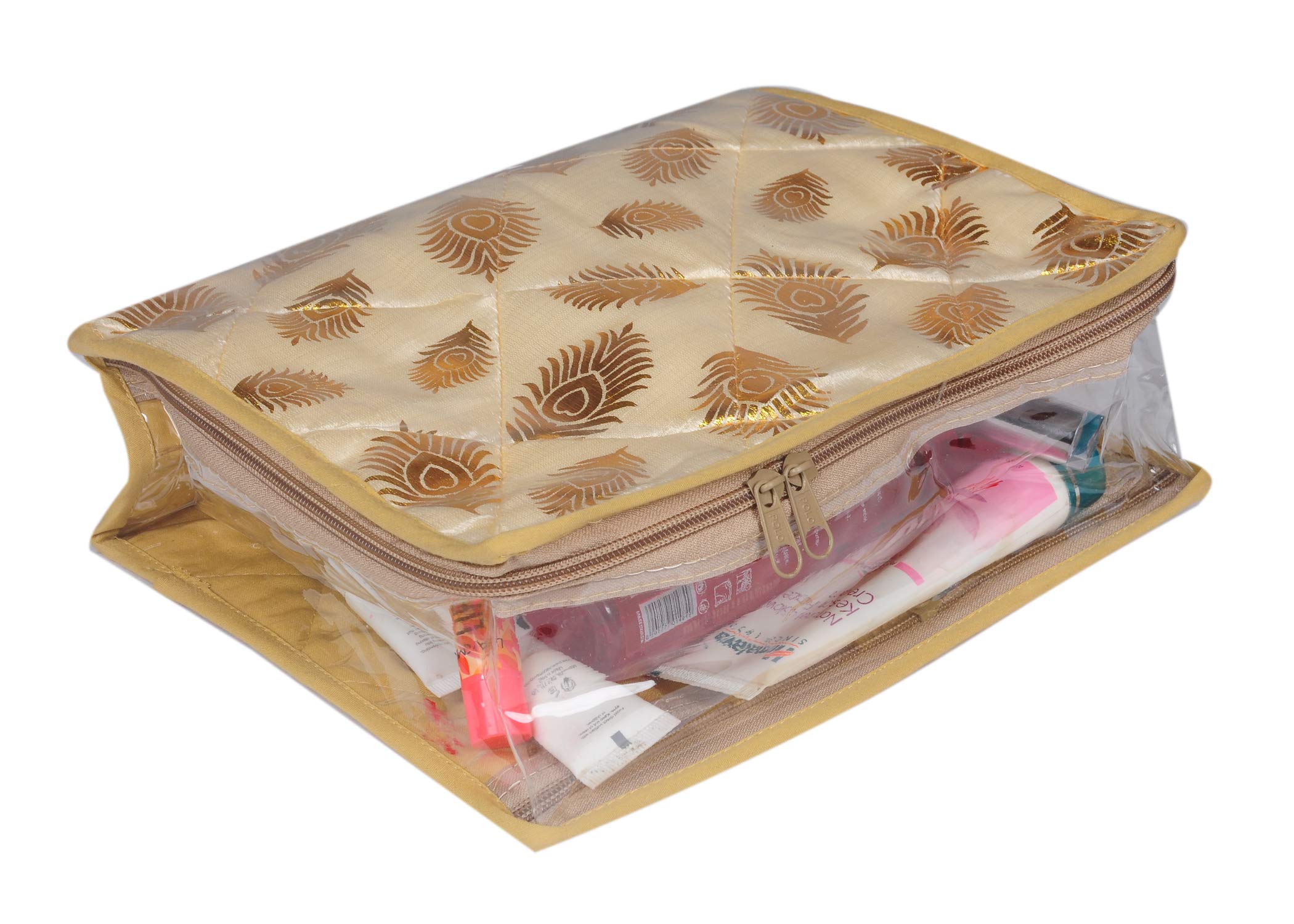 Sunesh Creation Premium Makeup Box & Jewelry Organizer with Zipper - Gold | Perfect for Travel, Home Storage & Cosmetic Accessories Organization