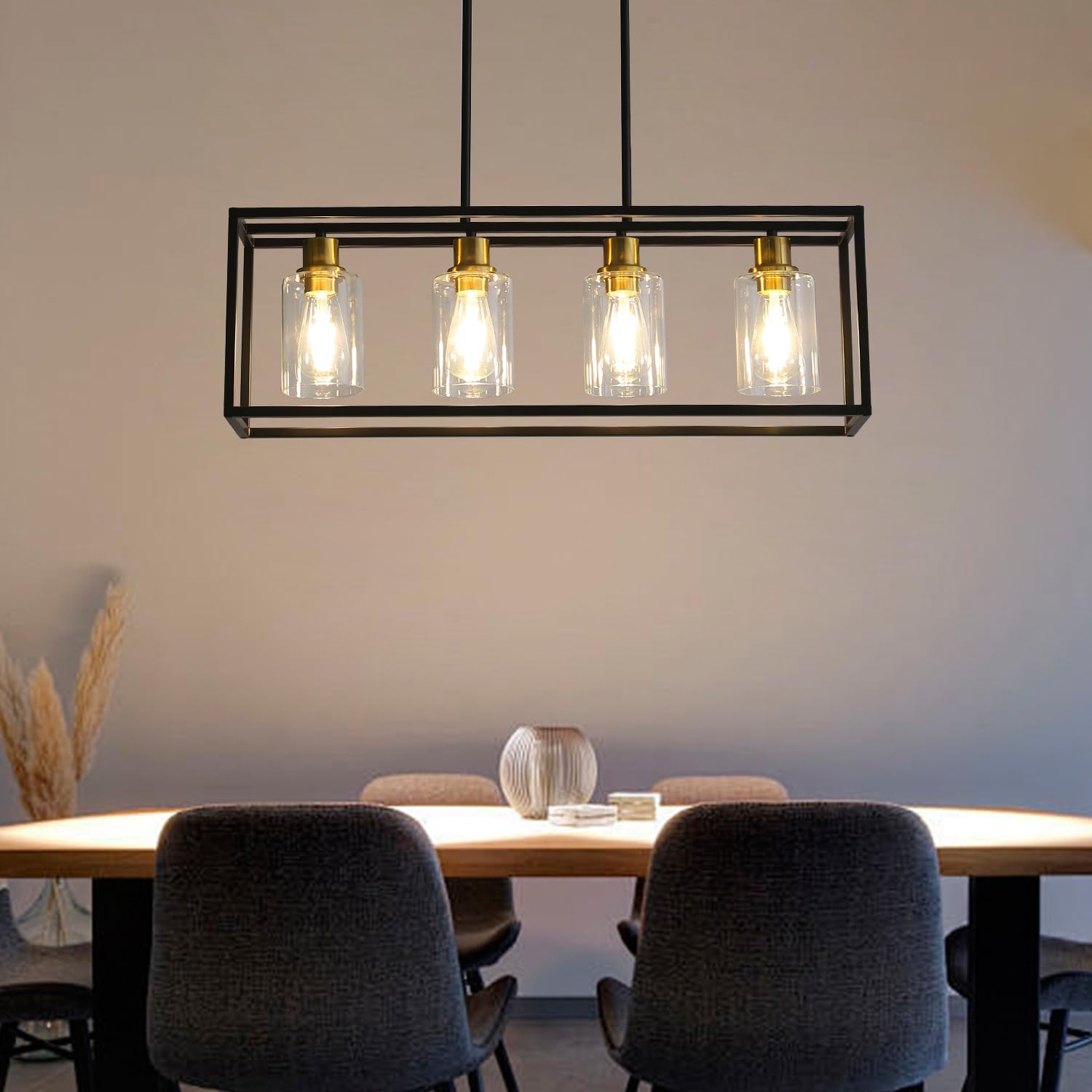 EMONG 4-Light Black and Gold Rectangular Chandelier - Adjustable Height Dining Room Pendant Light with Clear Glass Shade for Kitchen Island, Dining Table & Breakfast Nook Lighting