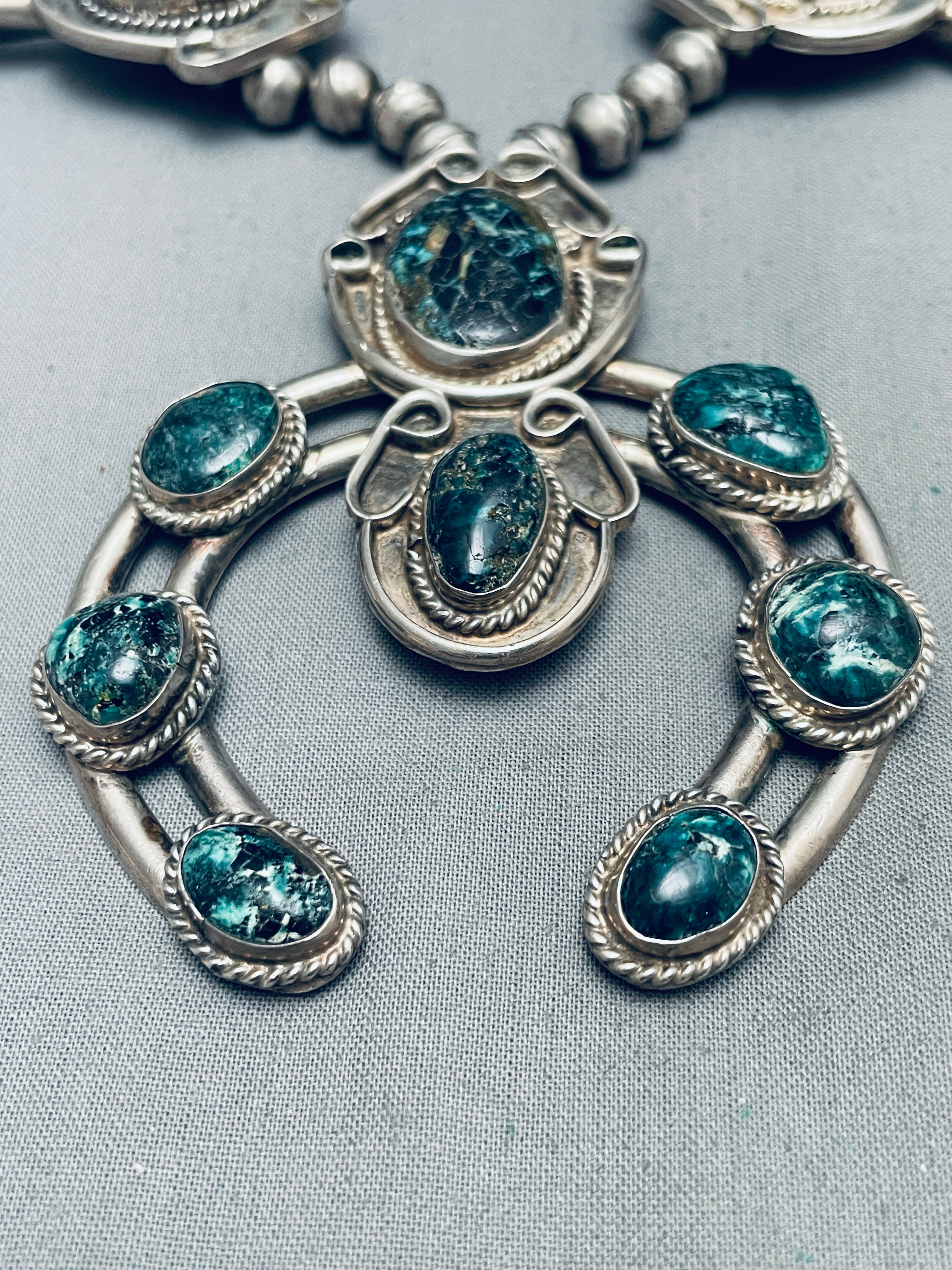 200g Vintage Navajo Turquoise Sterling Silver Squash Blossom Necklace - Authentic Native American Jewelry for Women, Perfect for Boho Fashion & Special Occasions
