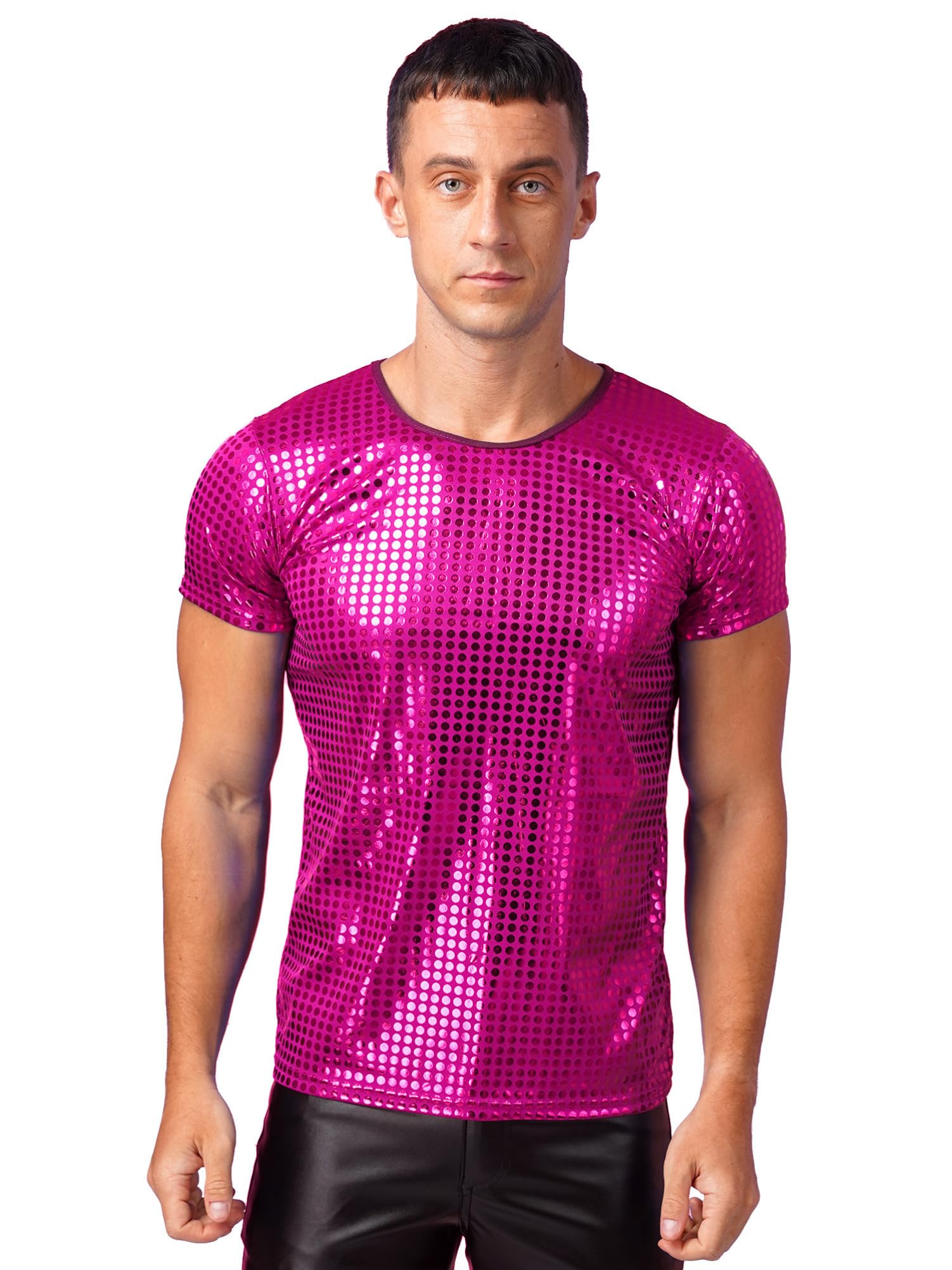 CHICTRY Men's Short Sleeve Sparkle Sequins Shirt - 70s Disco Party T-Shirt for Nightclub, Dance & Retro Events - Glamorous Performance Top for Concerts, Halloween & Costume Parties