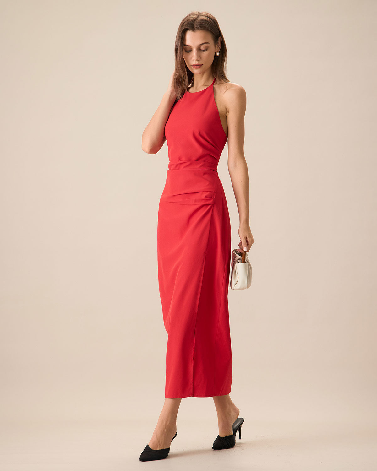 Women's Red Shirred Halter Maxi Dress - Flowy Summer Beach Dress for Vacation, Party & Date Night