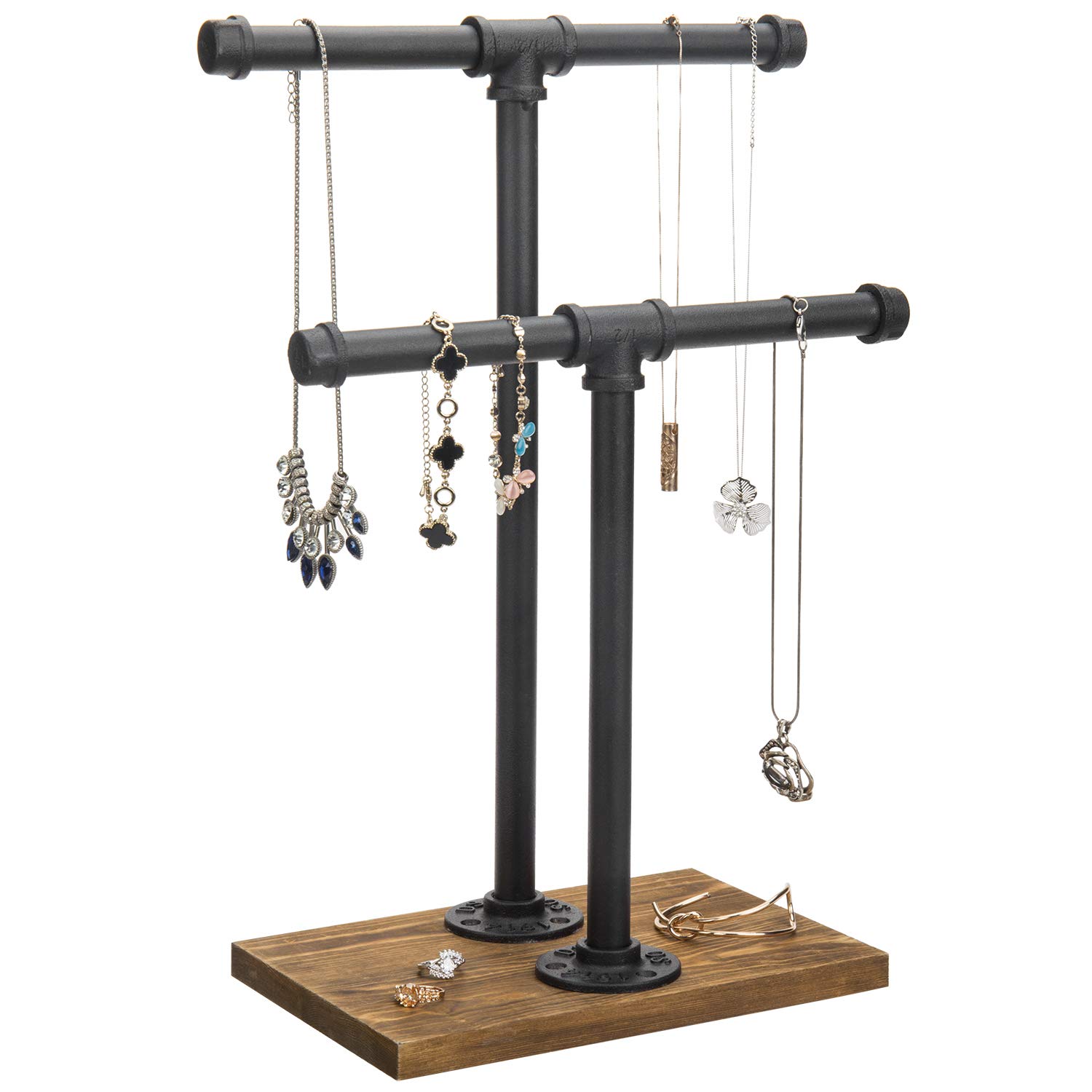 MyGift Adjustable 2-Tier Industrial Jewelry Display Stand - Rustic Metal Pipe & Brown Wood Base for Necklaces, Bracelets, Watches - Home & Boutique Decor (11.75