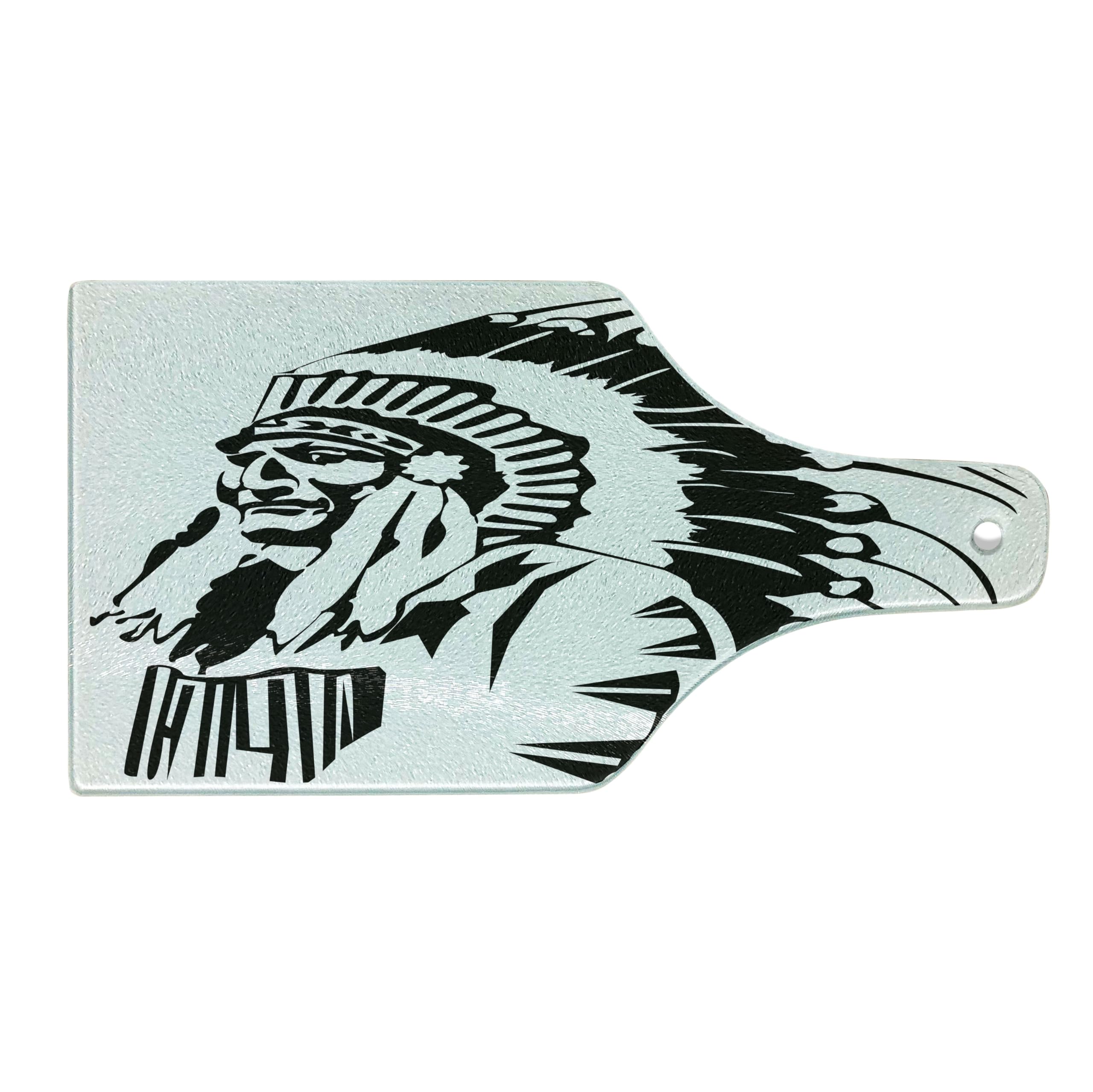 Ambesonne Tribal Cutting Board - Hand Drawn Native American Design Tempered Glass Serving Board - Wine Bottle Shape Black & White - Perfect for Kitchen Decor, Charcuterie Serving & Wine Pairing