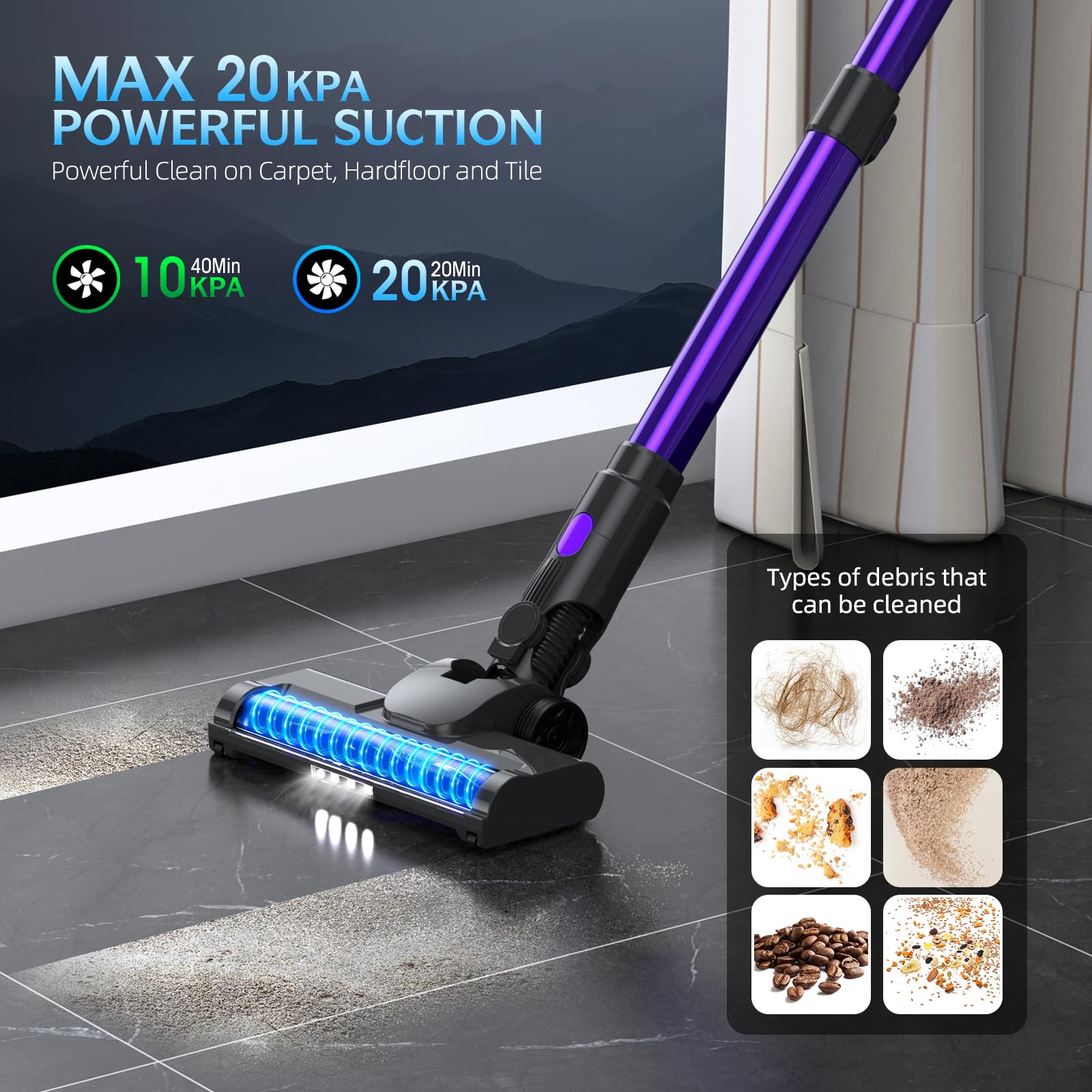 20KPA Cordless Stick Vacuum Cleaner with LED Display - 6-in-1 Lightweight Vacuum with 40Min Detachable Battery, 2 Cleaning Modes for Hard Floors, Carpets & Cars | Perfect for Home, Office & Pet Hair Cleaning