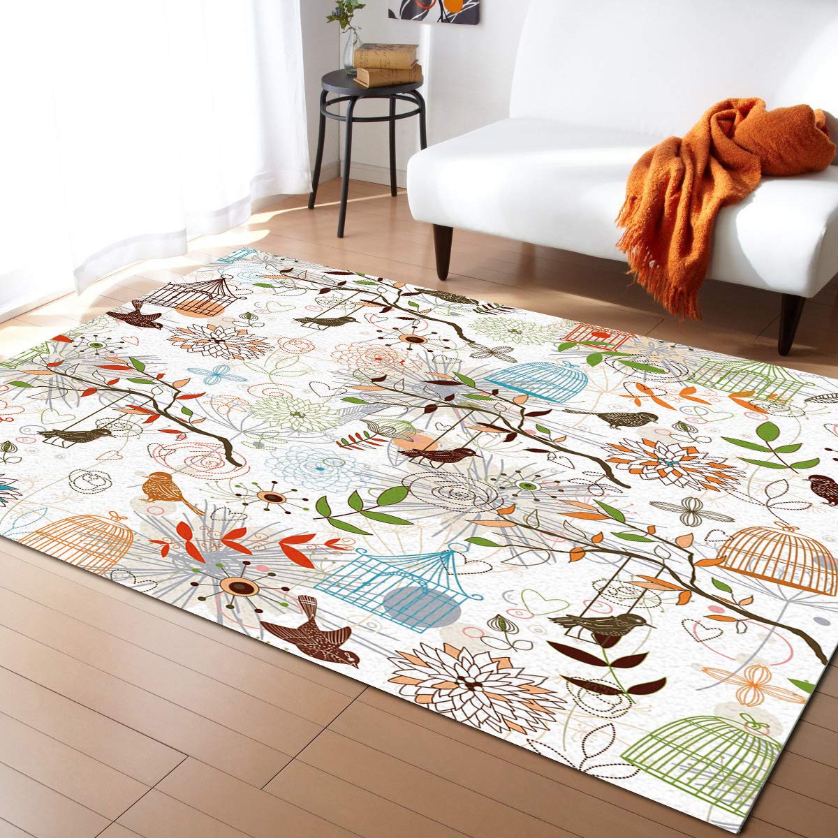Hand Drawn Cartoon Birds Cage Area Rug 5'x8' - Non-Slip Washable Kitchen Rug, Thin Line Pattern Absorbent Runner for Living Room, Bathroom, Bedroom - Perfect for Nursery, Hallway & High Traffic Areas