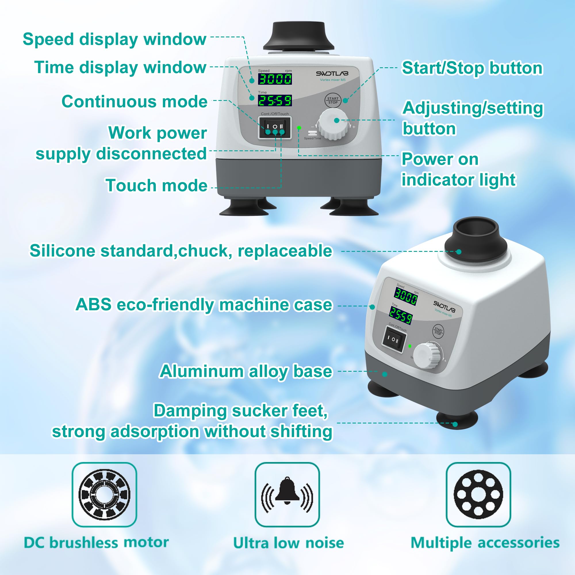 **Lab Vortex Mixer - Adjustable Speed 400-3000 RPM with LED Display, Touch & Continuous Function - Ideal for Acrylic Paints, Nail Polish & Lab Tubes - Perfect for DIY Crafts, Nail Art & Scientific Experiments**