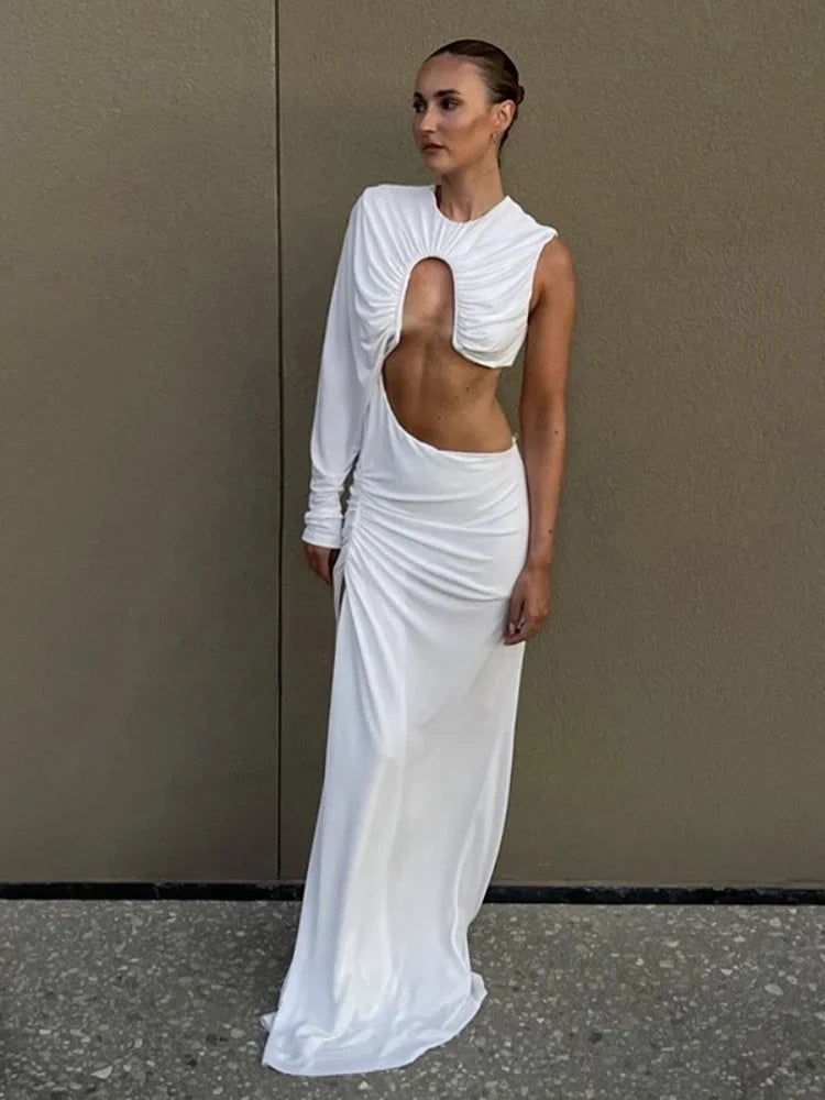 Elegant Asymmetrical Cut-Out Ruched Split Long Dress for Women | White Party Dress for Club Night, Dinner Date & Fall Events 2024 | Perfect for Evening Parties, Cocktail Events & Special Occasions