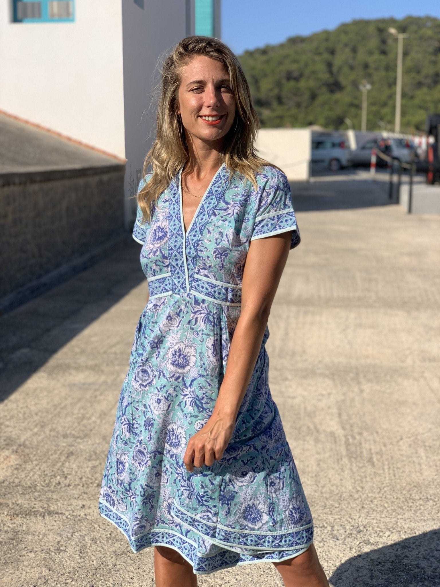 Lisboa Dress - Classic Beauty Light Blue Hand Block Print Cotton Dress for Women | Perfect for Summer, Beach, and Casual Outings