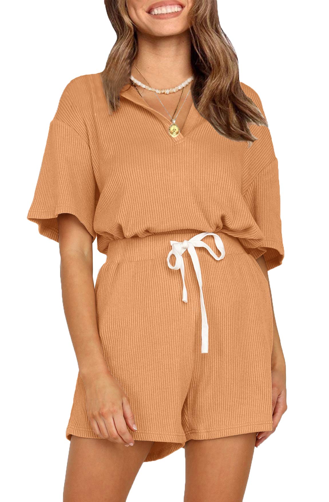 CHYRII Women's Casual Ribbed Notch Neck Lounge Set - Short Sleeve Top & Shorts 2-Piece Pajama Outfit for Sleep, Yoga & Home Relaxation