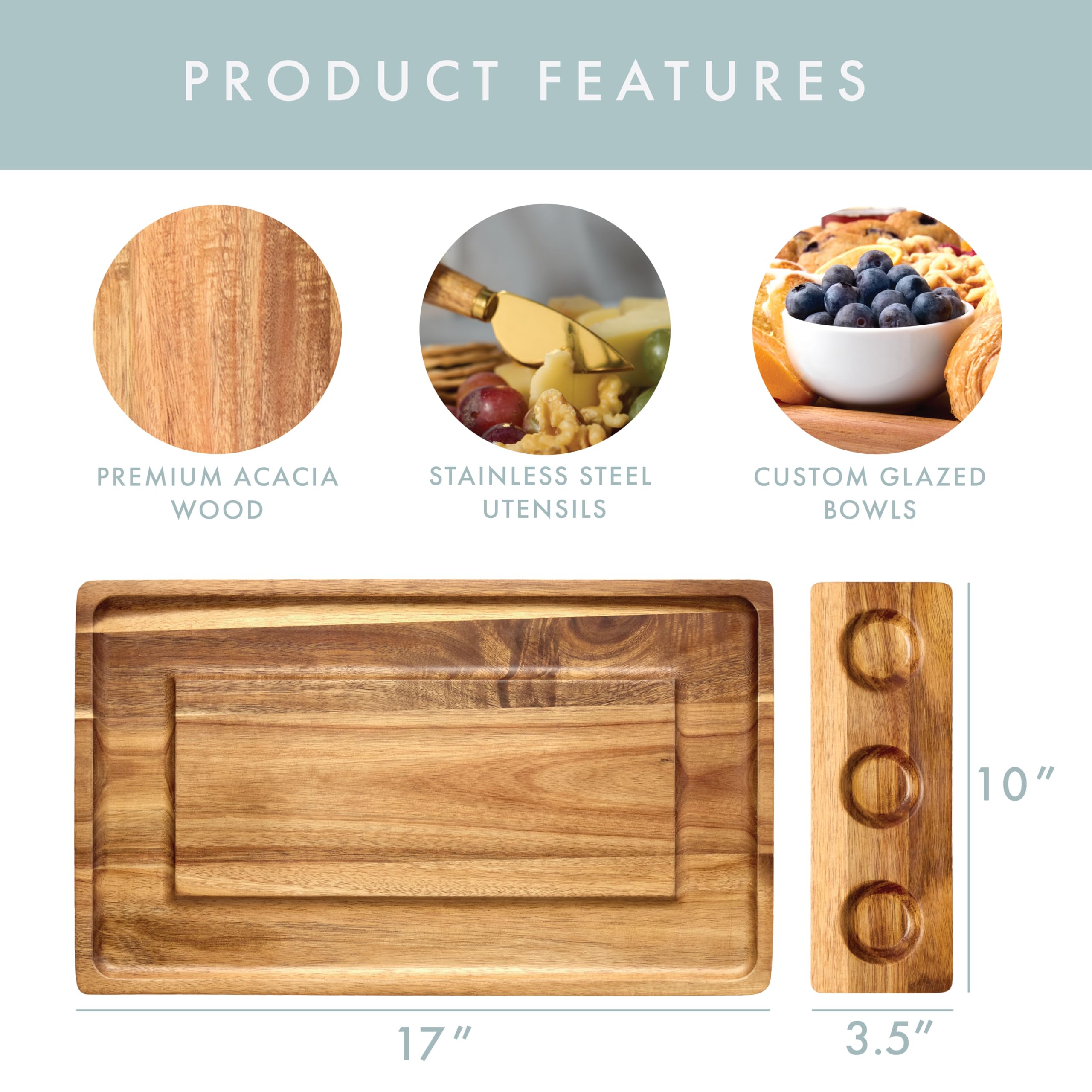 Premium Acacia Wood Charcuterie Board Set - 11-Piece Serving Tray with Side Handles, Cheese Knives & Bowls - Perfect for Wine Parties, Cheese Platters & Entertaining Gifts