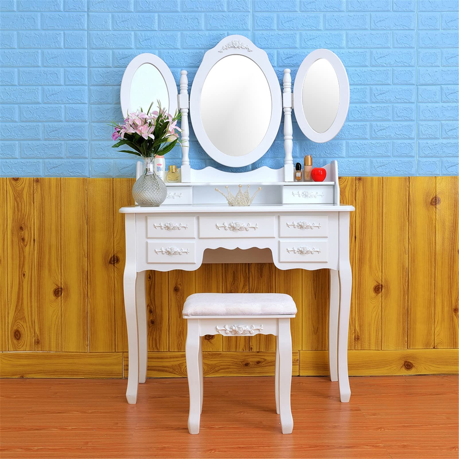 DAMML White Vanity Table Set with Foldable 3 Mirror, Makeup Vanity Desk, Cushioned Stool & 7 Drawers - Dressing Table for Women & Girls, Bedroom Furniture for Makeup & Beauty Organization