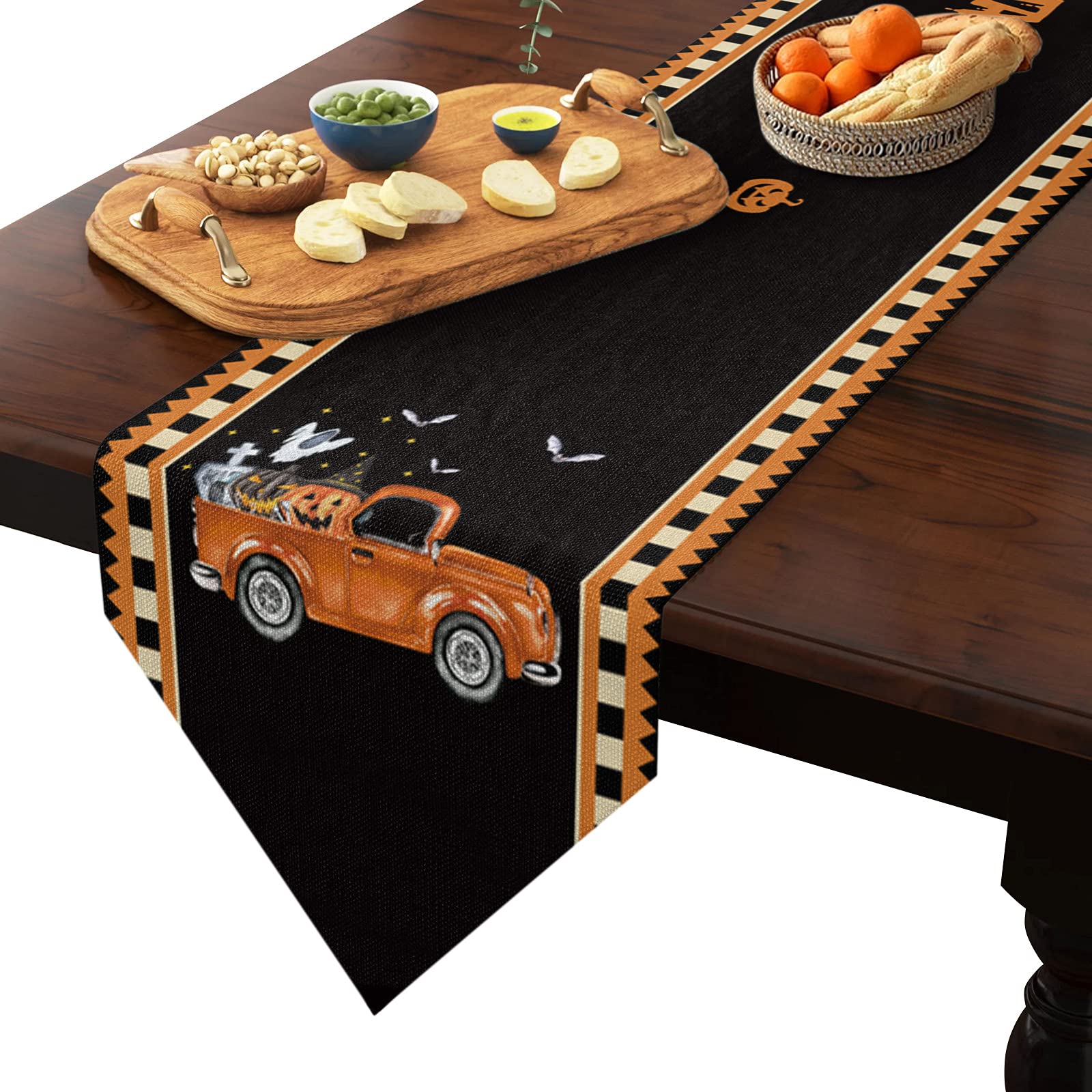 Chucoco Halloween Table Runner - Cotton Linen Burlap Table Scarf with Pumpkin Ghost Bat Design for Dining Table Decor - Perfect for Family Dinners, Holiday Parties, Wedding Banquets & Spooky Events (Black)