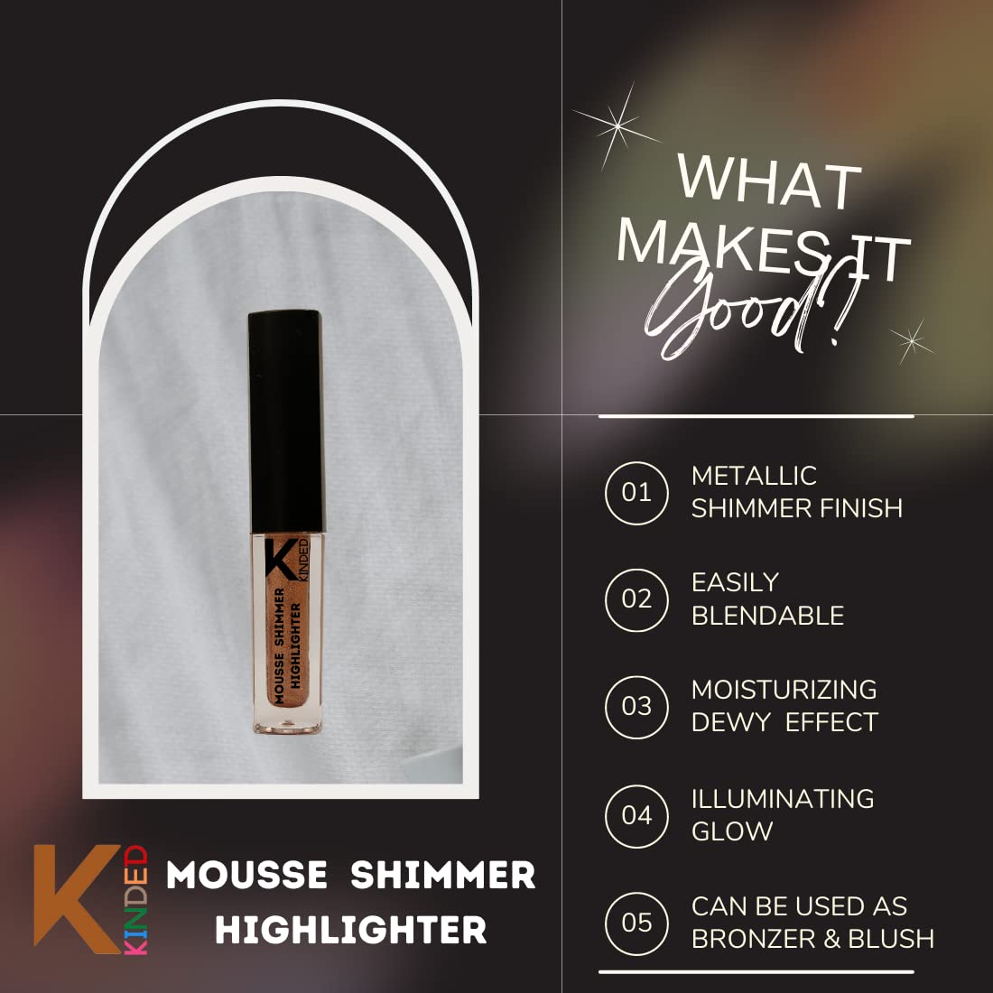 KINDED Liquid Highlighter & Illuminator - Shimmer Mousse Bronzer Blush with Metallic Finish | Multi-Use for Face, Eyes & Body | Creamy Cool Copper Glow (3ml) | Perfect for Party, Date Night & Photoshoot Makeup