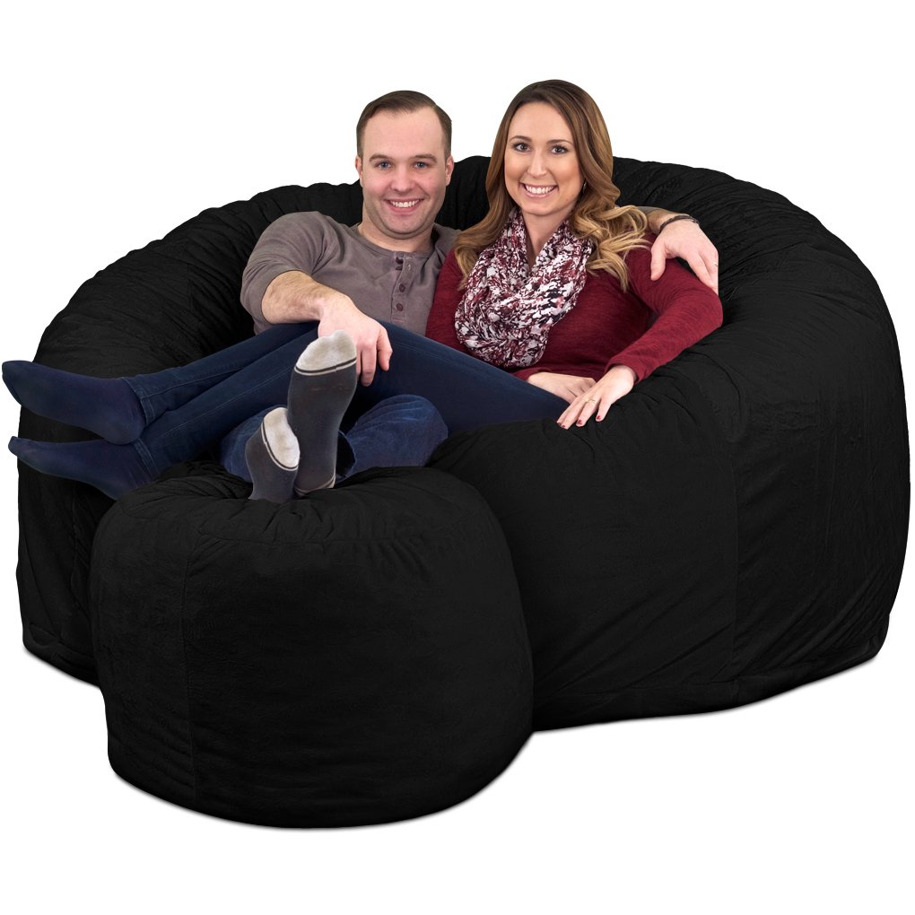 ULTIMATE SACK 6ft Oversized Bean Bag Chair with Footstool - Premium Black Suede Lounge Furniture for Adults | Perfect for Living Room, Game Room & Dorm Relaxation