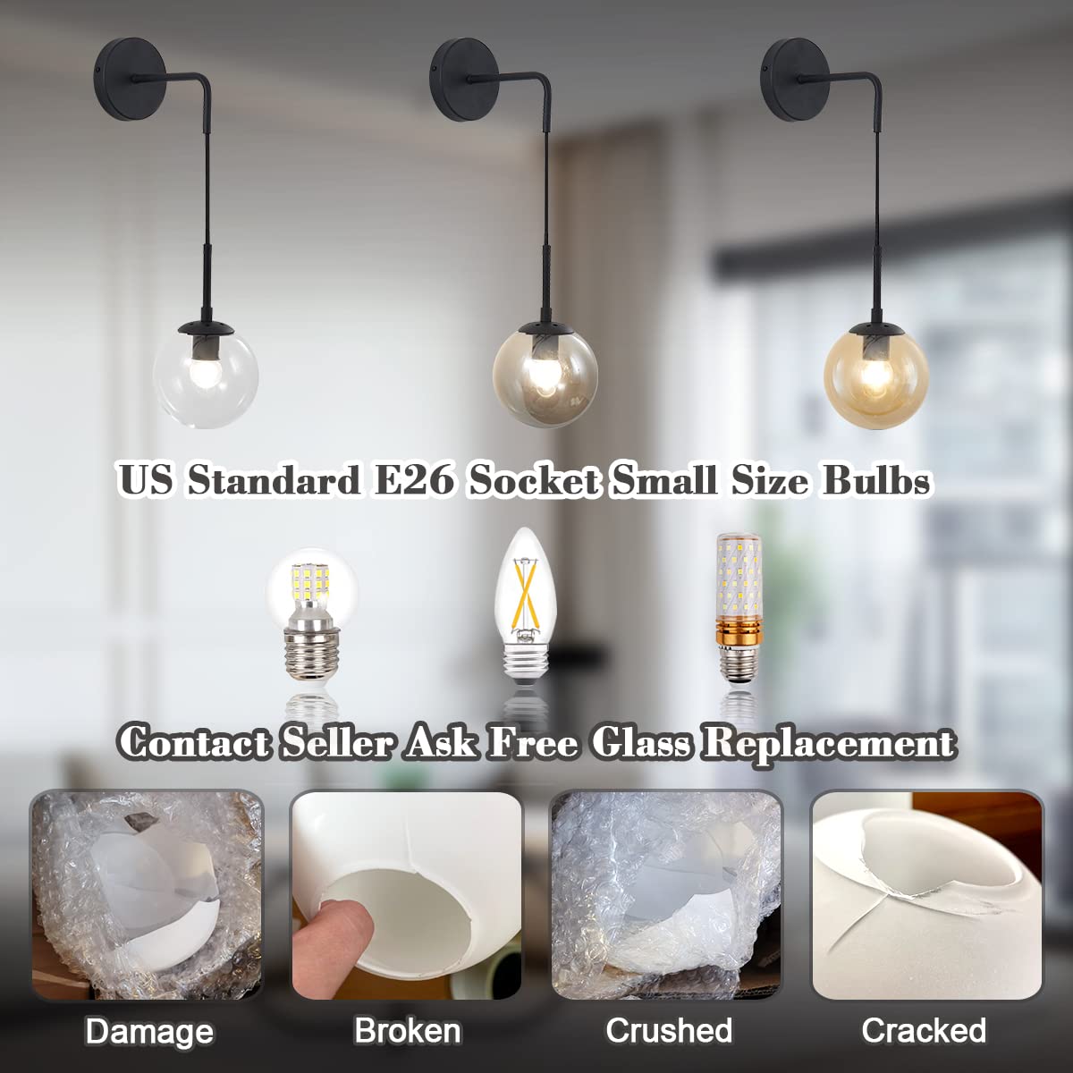 BOKT Matte Black Amber Glass Wall Sconce Light Set of 2 - Plug in Mid Century Modern Globe Wall Lamp for Farmhouse & Industrial Bathroom Decor - Perfect for Bedroom, Living Room, and Hallway Lighting
