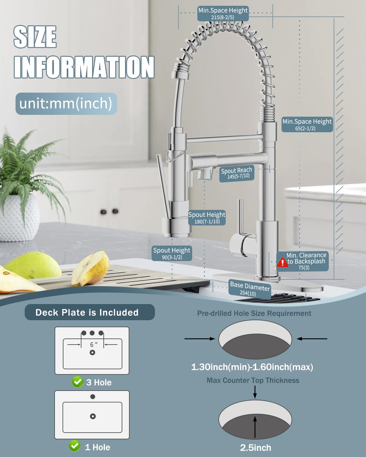 Brushed Nickel Kitchen Faucet with Pull Down Sprayer & Soap Dispenser - Single Handle Farmhouse Sink Faucet for RV, Camper, Tiny Home | Dual Function Spray Head with Deck Plate | Perfect for Small Kitchens, Mobile Homes & Outdoor Use