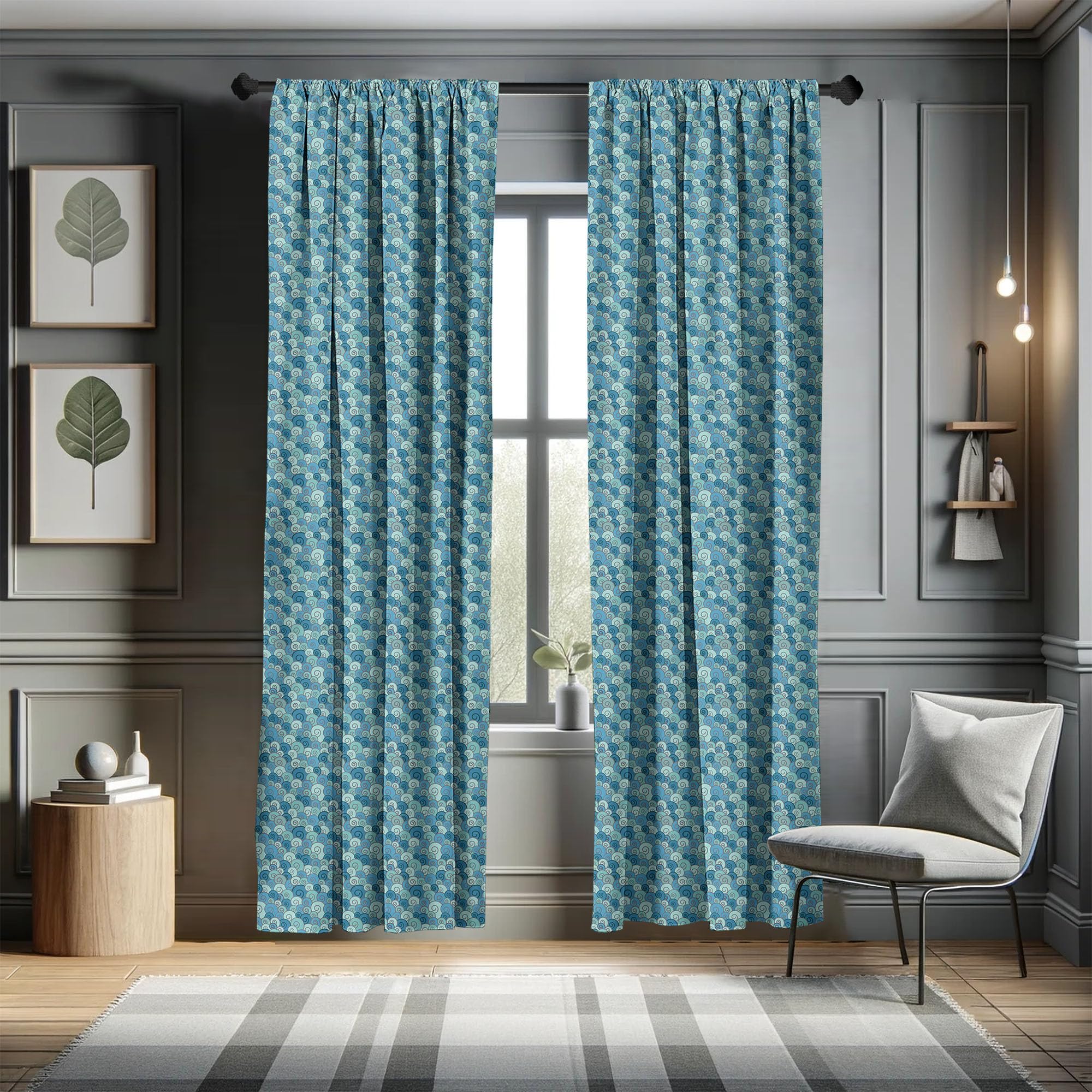 Ambesonne Nautical Curtains - Blue Ocean Wave Abstract Doodle Print, 2 Panel Set (28