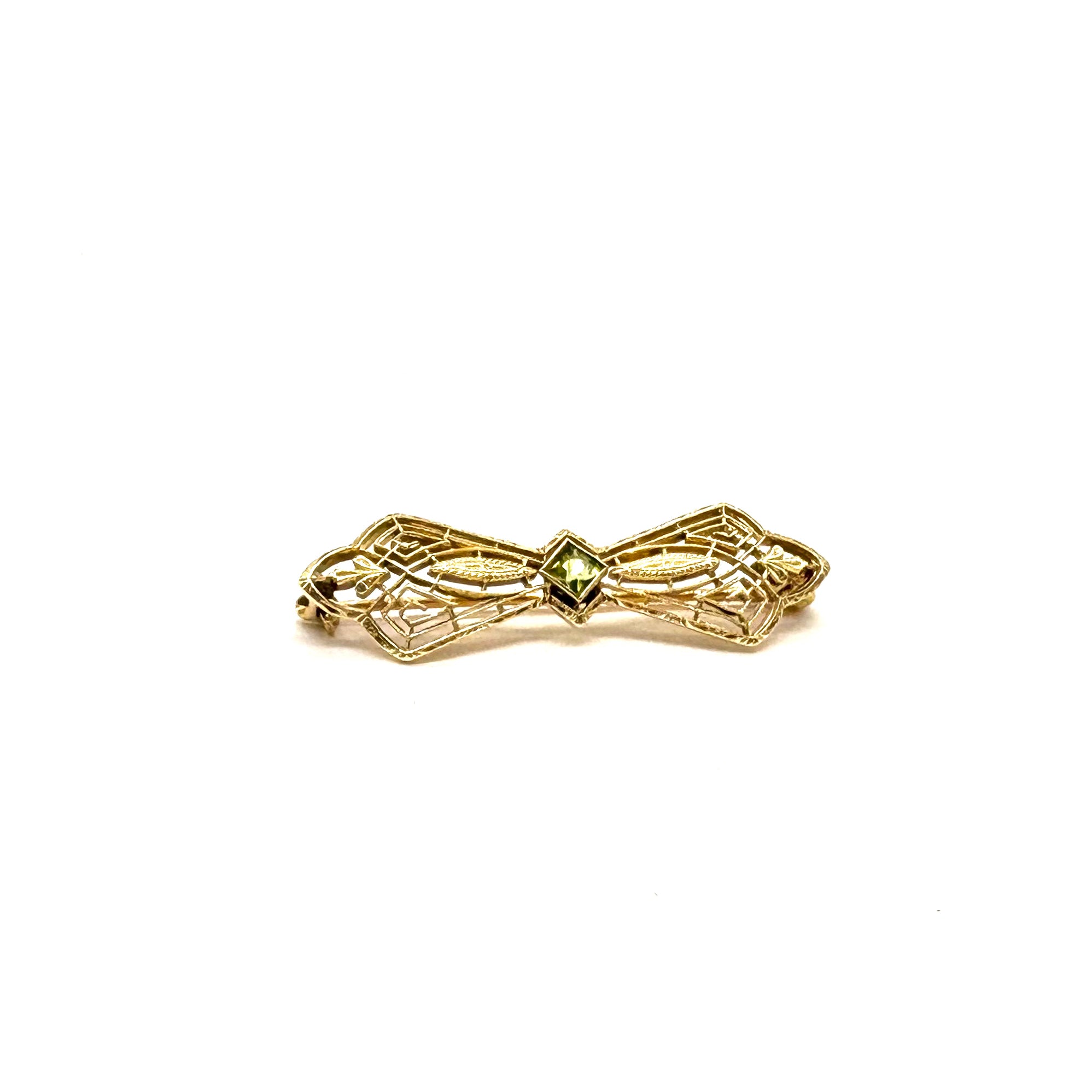 Vintage Yellow Gold Square Peridot Bow Pin Brooch - Elegant Jewelry for Women, Perfect for Weddings, Parties & Special Occasions