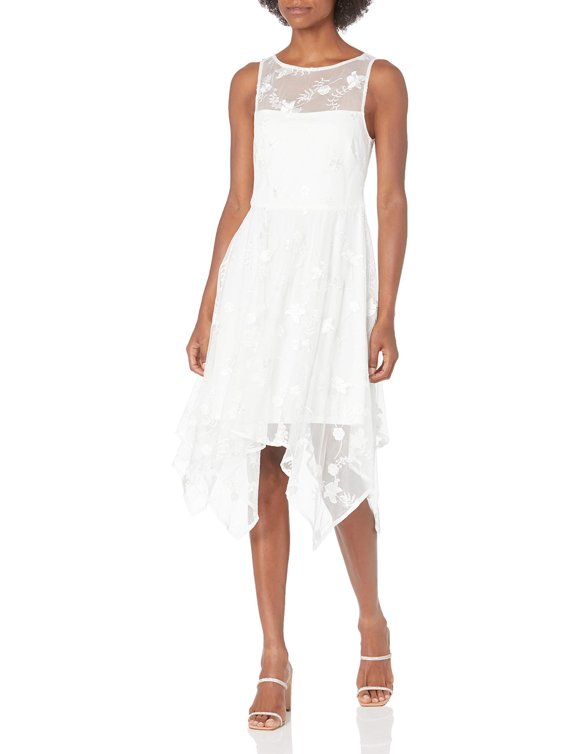 Adrianna Papell Women's Embroidered Handkerchief Dress - Elegant Floral Lace Cocktail Party Gown for Weddings, Evening Events & Special Occasions
