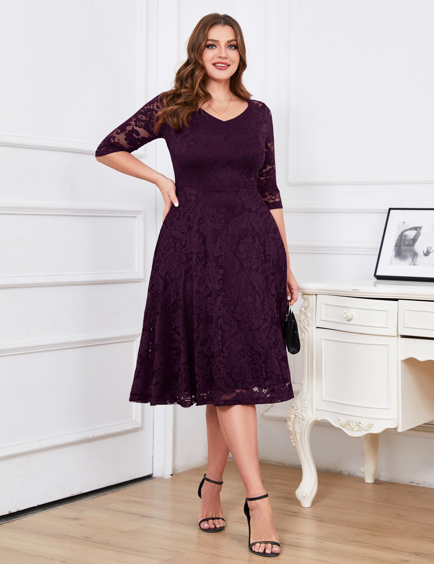 Elegant Long-Sleeve Lace Wedding Guest Dress for Women - A-Line Formal Cocktail Party Midi Gown | Perfect for Prom, Evening Events & Special Occasions