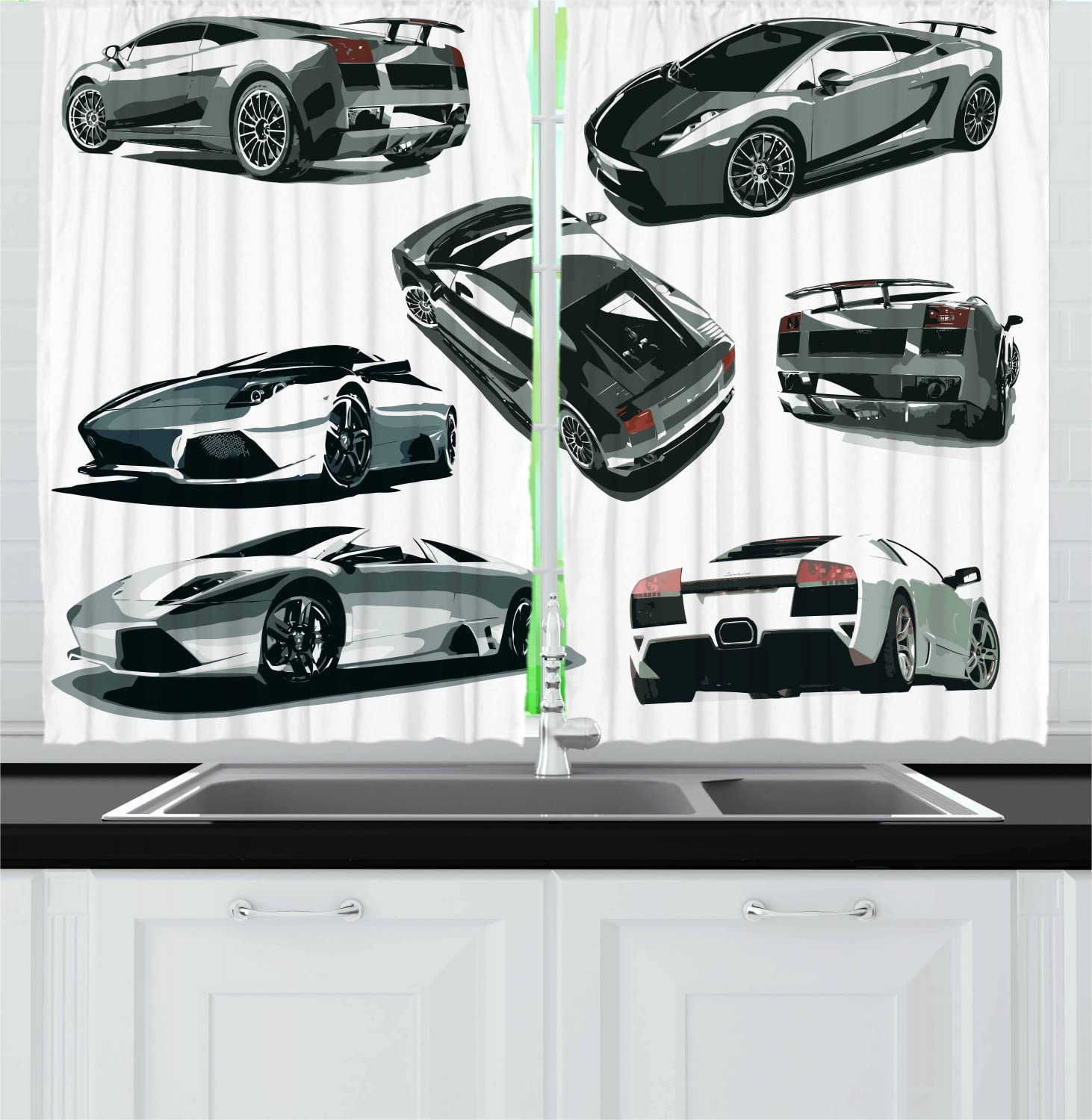Ambesonne Modern Long Kitchen Curtains - Grey Car Design from Various Angles, Automobile Theme Window Drapes with Rod Pocket, 55