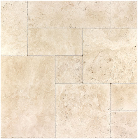 Ivory Travertine Versailles Pattern Tile Set – Chiseled Edge & Brushed Finish for Bathroom, Kitchen & Flooring – Natural Stone Mosaic Tile for Home Renovation & Interior Design