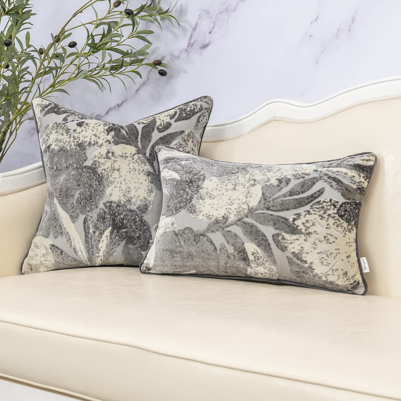 Yangest Grey Leaf Square Pillow Cover - 20x20 Inch Cut Velvet Cushion Cover for Sofa, Living Room & Bedroom | Luxury Modern Home Decor for Cozy Comfort
