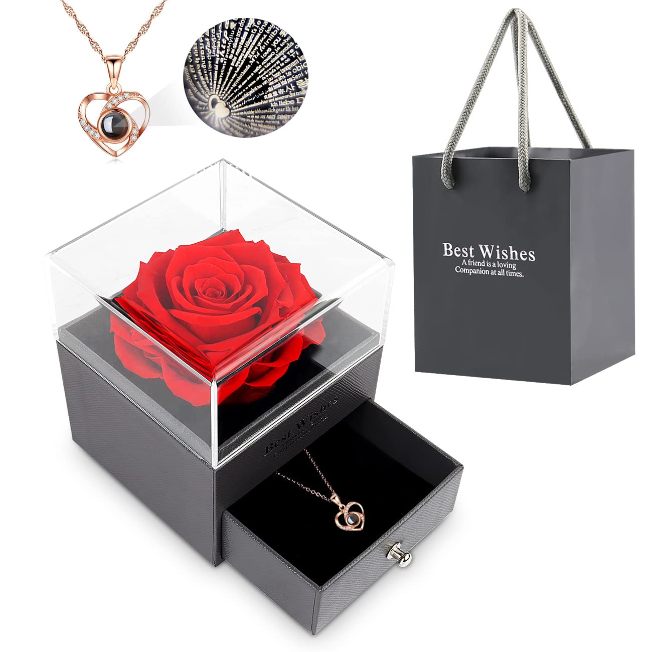 Mother's Day Gift for Mom - Preserved Rose with 'I Love You' Necklace, Eternal Flower Keepsake for Wife, Girlfriend, Daughter, Son - Birthday, Anniversary, Valentine's Day Present for Women (Red) - Perfect for Special Occasions & Romantic Surprises