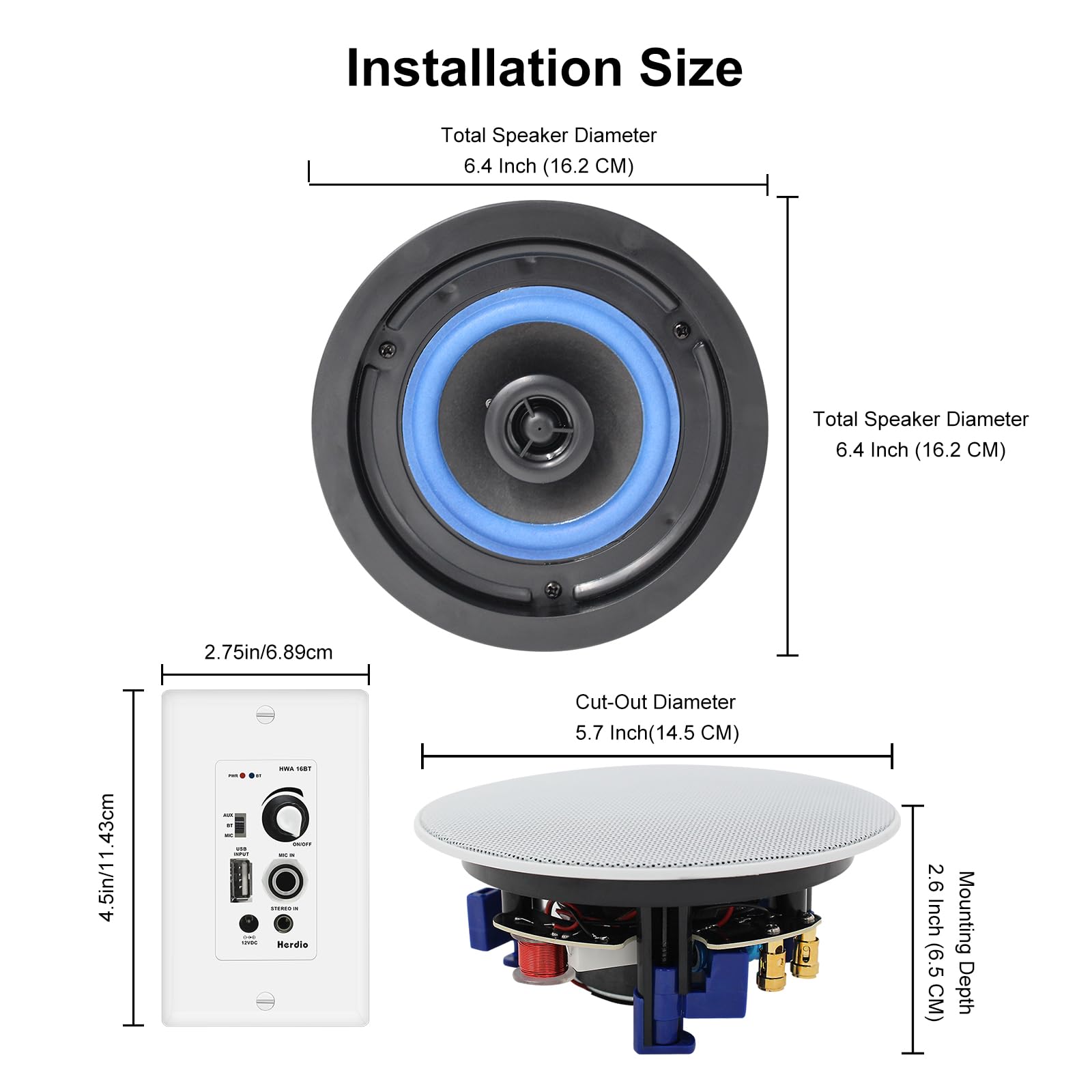 Herdio 4 Inch 2-Way Bluetooth Ceiling Speakers with 4 Channel Amplifier Receiver - Wireless/Wired Home Audio System for Home Theater, Living Room, Office & Outdoor Entertainment (Set of 4)