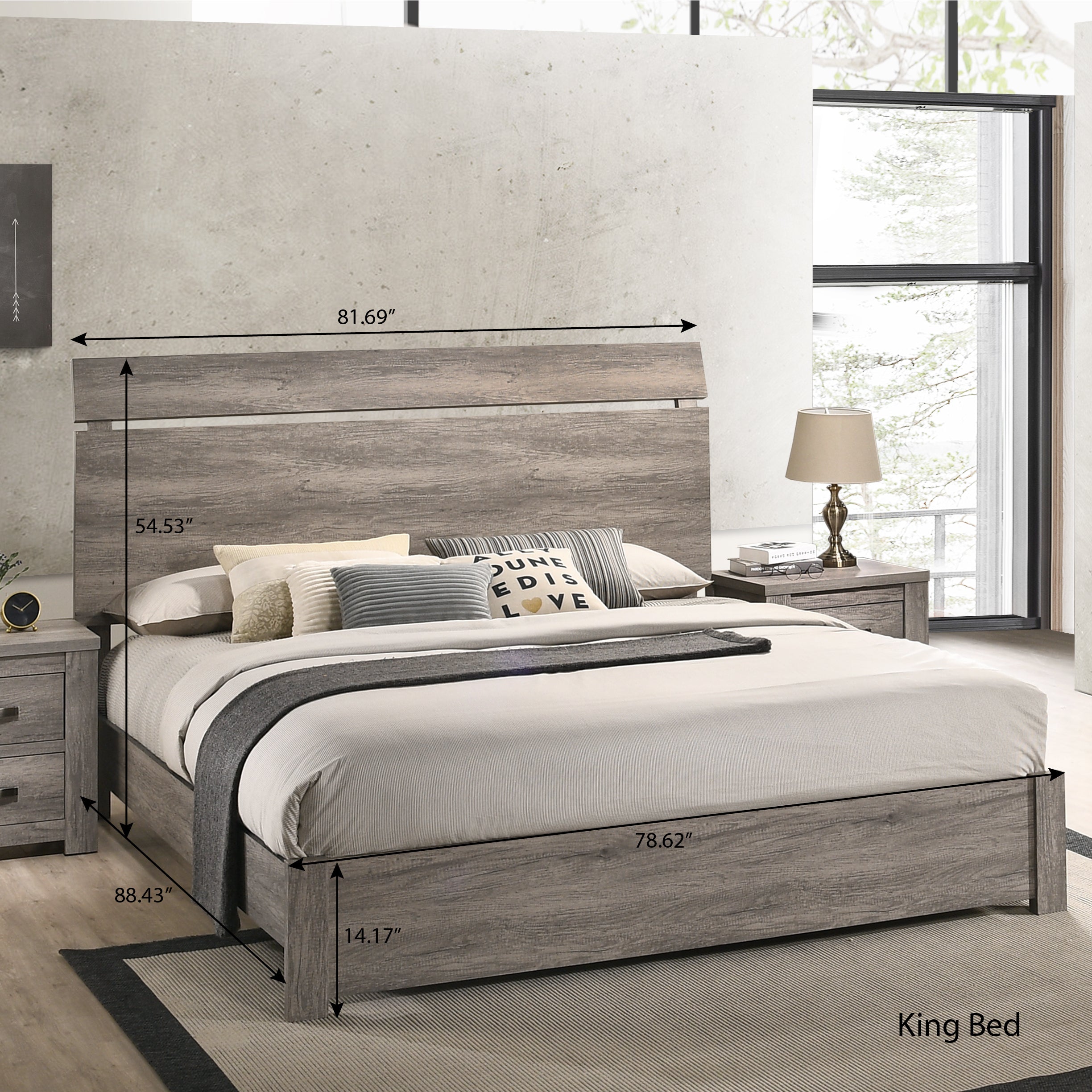 Floren Contemporary Weathered Gray Wood Panel Bed - Queen Size Modern Farmhouse Bed Frame with Headboard - Perfect for Master Bedroom, Guest Room & Rustic Home Decor