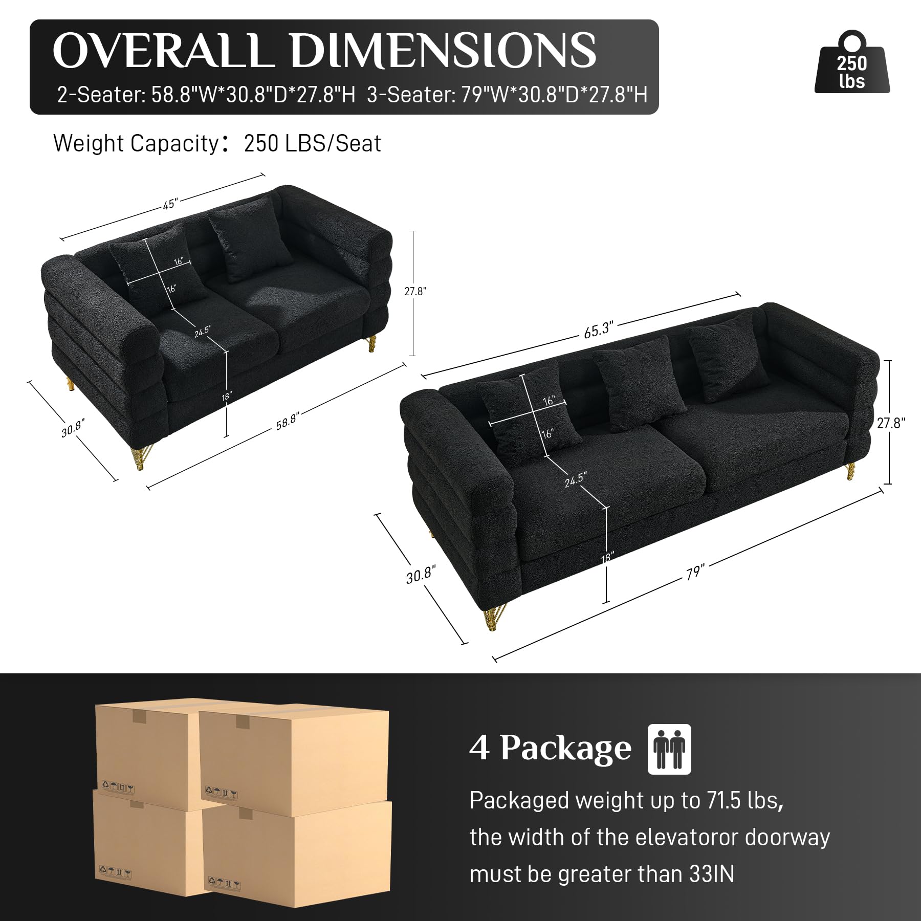 Modern Overstuffed Boucle Sherpa Deep Seat Cloud Couch & Loveseat Set with 5 Pillows - Oversized Chesterfield Sofa for Living Room, Bedroom - Black Teddy Fabric - Perfect for Cozy Lounging, Movie Nights & Small Space Decor