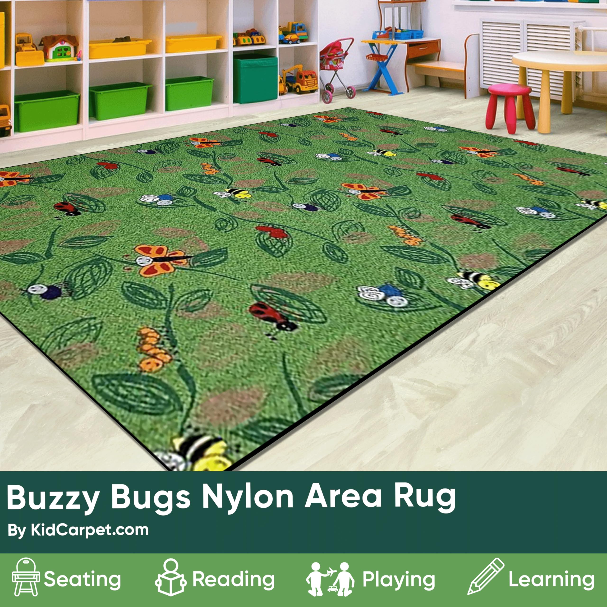 Buzzy Bugs Nylon Area Rug 12' x 6' - Colorful Nature Themed Kids Rug for Playroom, Classroom & Bedroom | Non-Slip Educational Carpet for Preschool Learning & Home Decor | Perfect for Storytime, Play Areas & Early Childhood Development Spaces