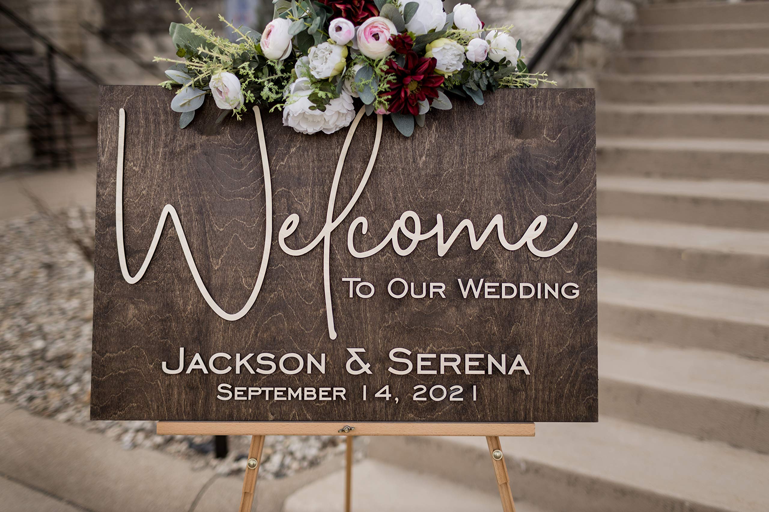 Personalized 3D Wooden Wedding Welcome Sign - Custom with Names & Dates - Laser Engraved Rosefield Design - Perfect for Wedding Ceremony Decor & Reception Entrance Decorations