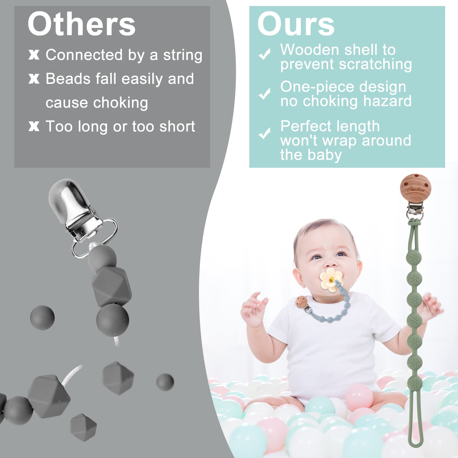 2 Pack Baby Pacifier Clips for Boys & Girls - Wooden Design Binky Holder Clips | One-Piece Pacifier Leash for Newborns | Perfect Baby Shower Gift & Everyday Use (Muted + Lilac) | Use at Home, Travel, Daycare & Outdoor Activities
