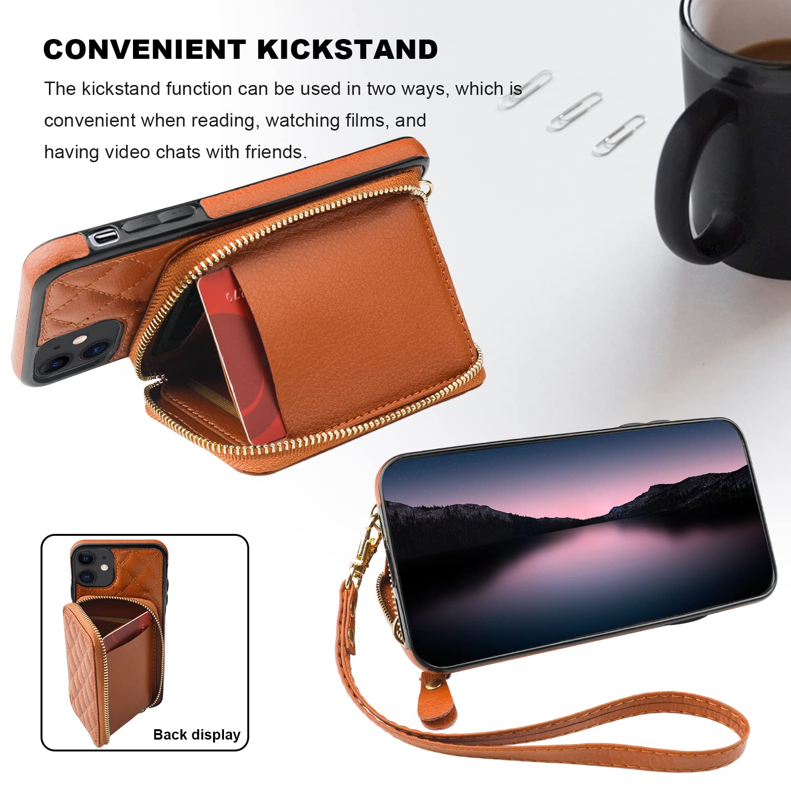 RFID Blocking PU Leather Crossbody Wallet Case for iPhone 11 - Zipper Handbag Purse with Card Slots, Kickstand & Wrist Strap (6.1 Inch, Brown) | Perfect for Travel, Shopping & Everyday Use