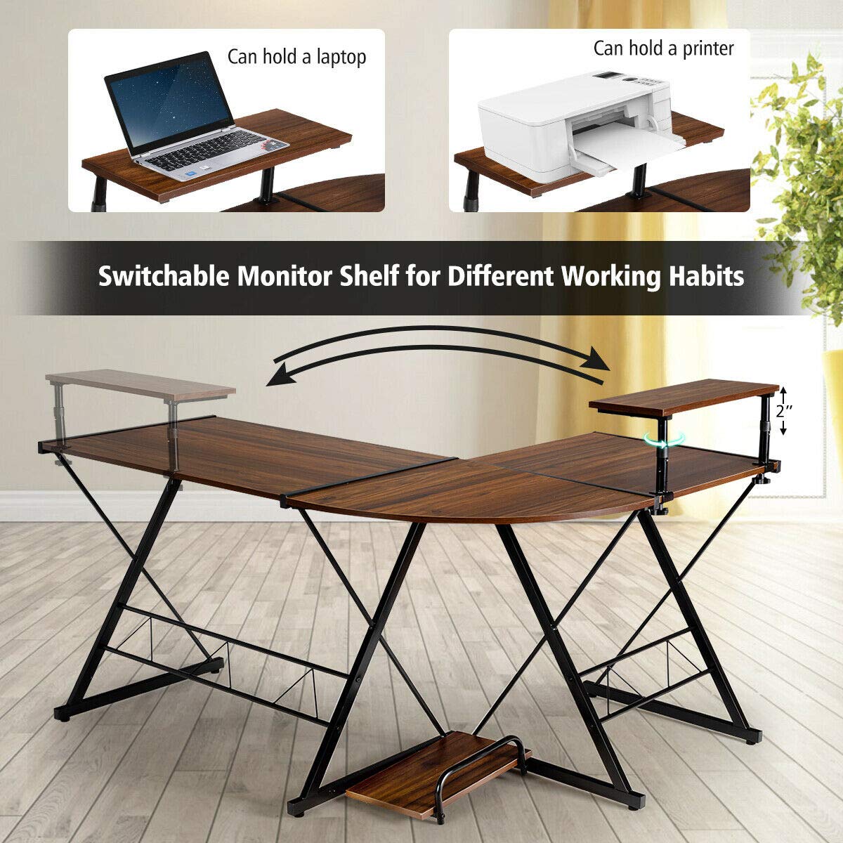 Modern L-Shaped Reversible Corner Desk with CPU Stand - Sturdy Multifunctional Home Office Computer Table in Walnut Finish for Small Spaces & Workstations